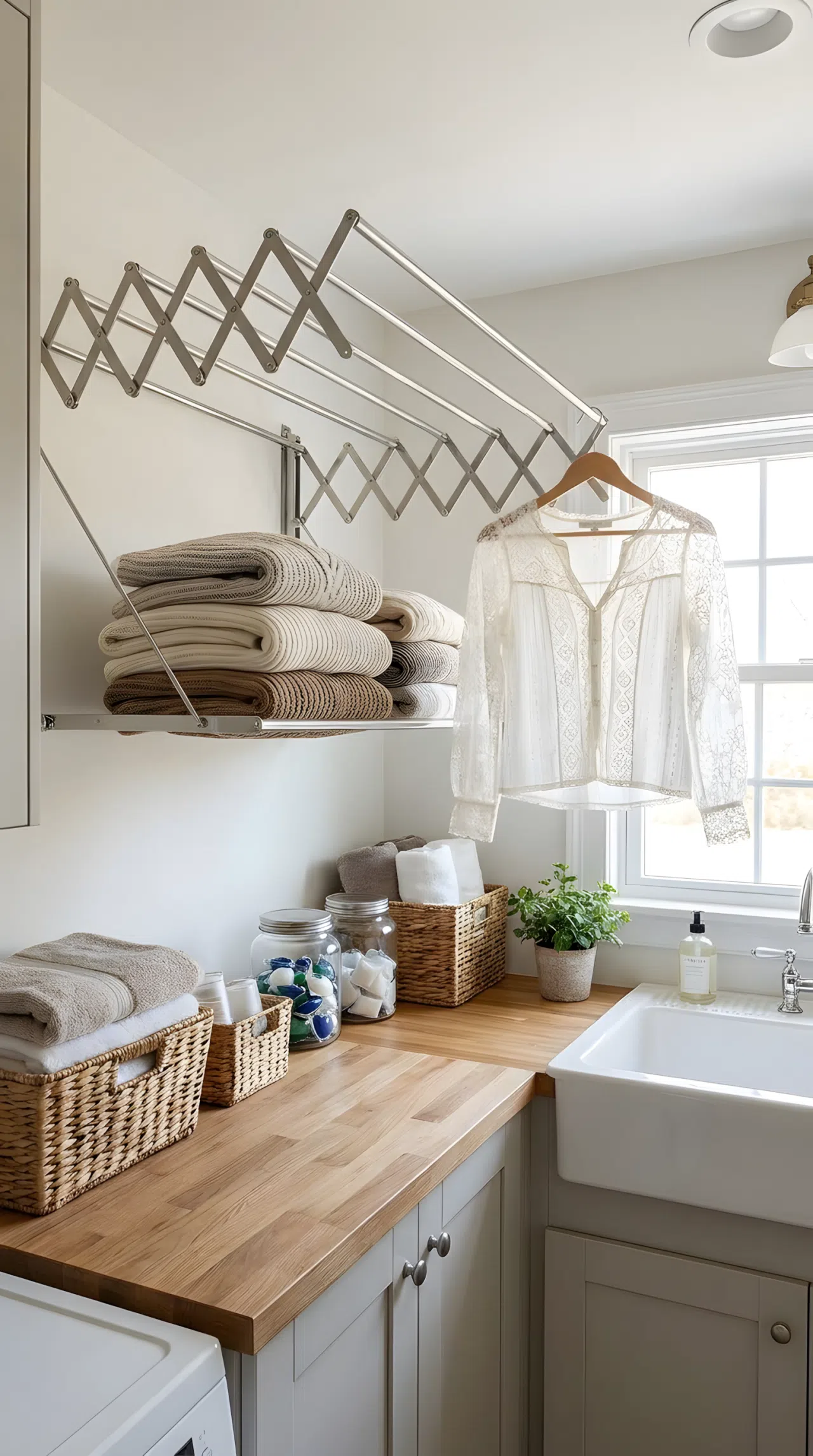 Realistic photograph of a retractable drying rack extended above a laundry room sink, neatly made with beautifully arranged folded sweaters and a hanging delicate garment, organized and clean laundry counter below, bright natural light, real-life functional home laundry space, no people.