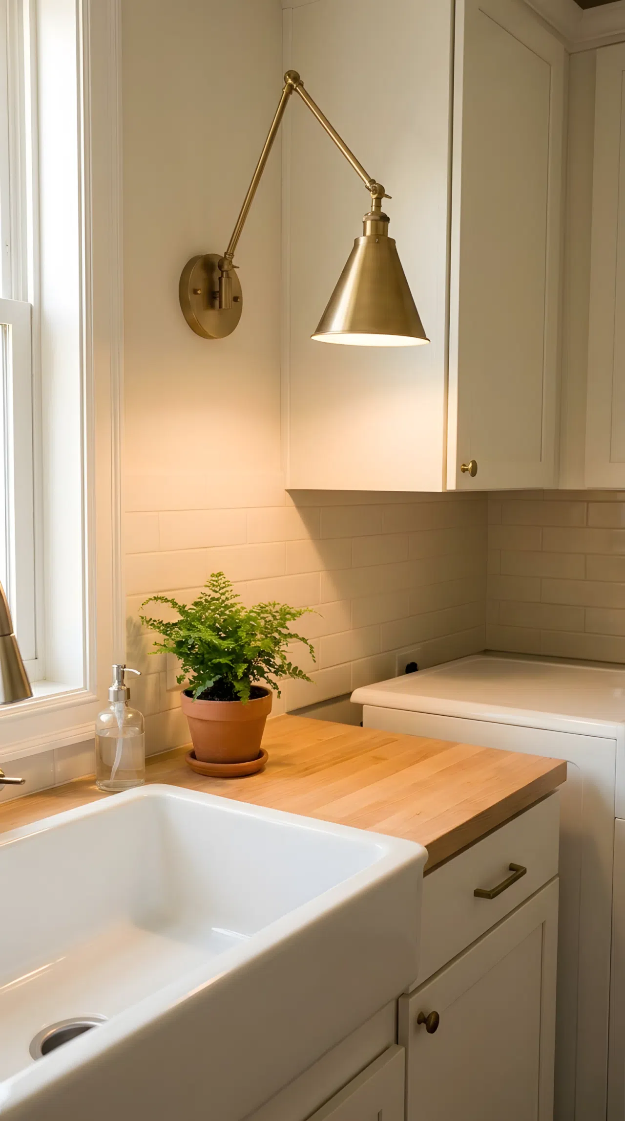Realistic photograph emphasizing a wall sconce light angled directly down over a laundry room sink basin, showing clear directional light positioning with no harsh shadows, neatly made countertop, beautifully arranged small plant and soap dispenser, organized and clean, warm bright natural light combined with the fixture's glow, no people.