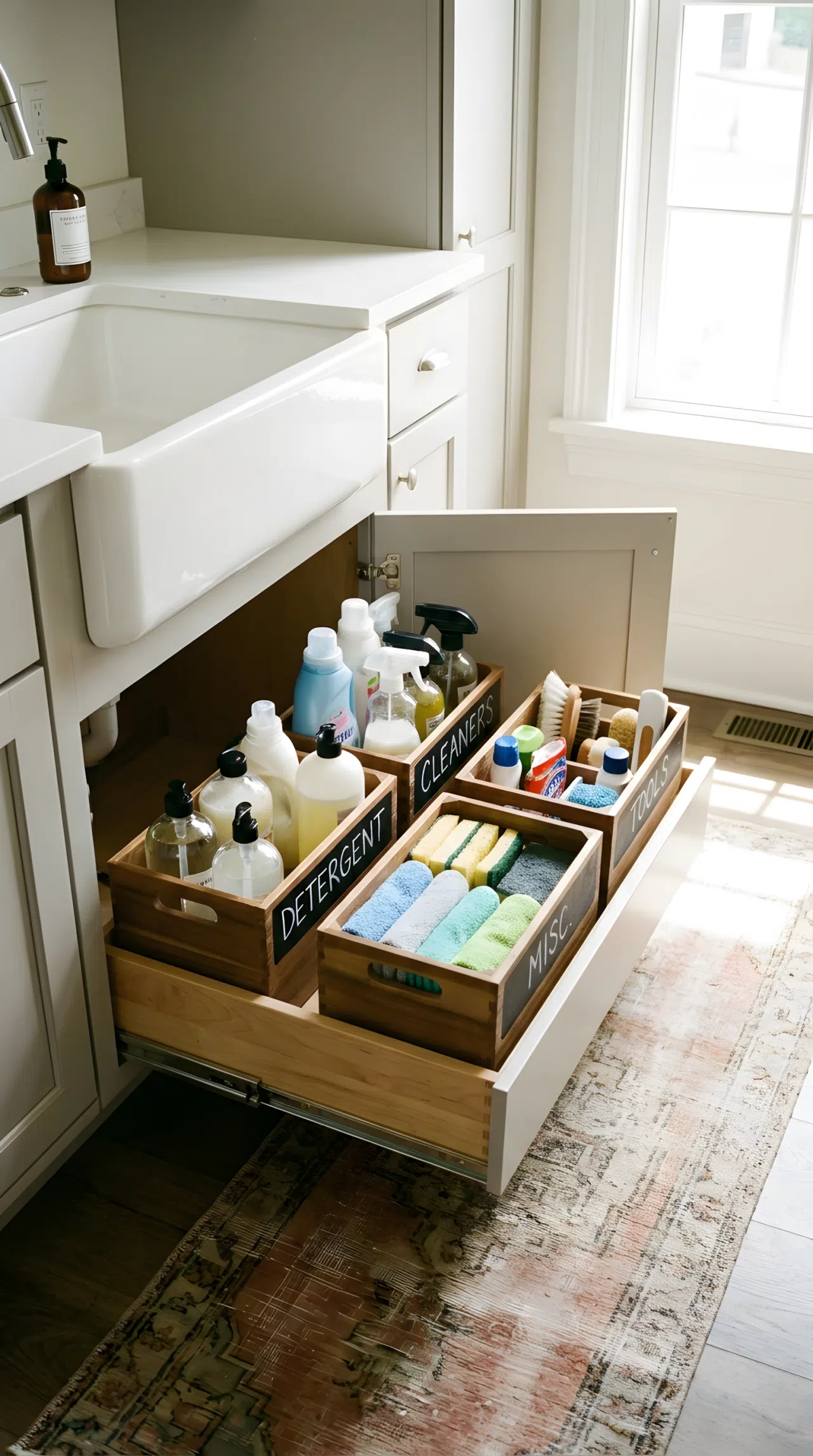 Realistic photograph of an open pull-out drawer beneath a laundry room sink, neatly made labeled bins with beautifully arranged detergent bottles and cleaning supplies, organized and clean cabinetry, bright natural light illuminating the storage space, tidy real-life home laundry room, no people.
