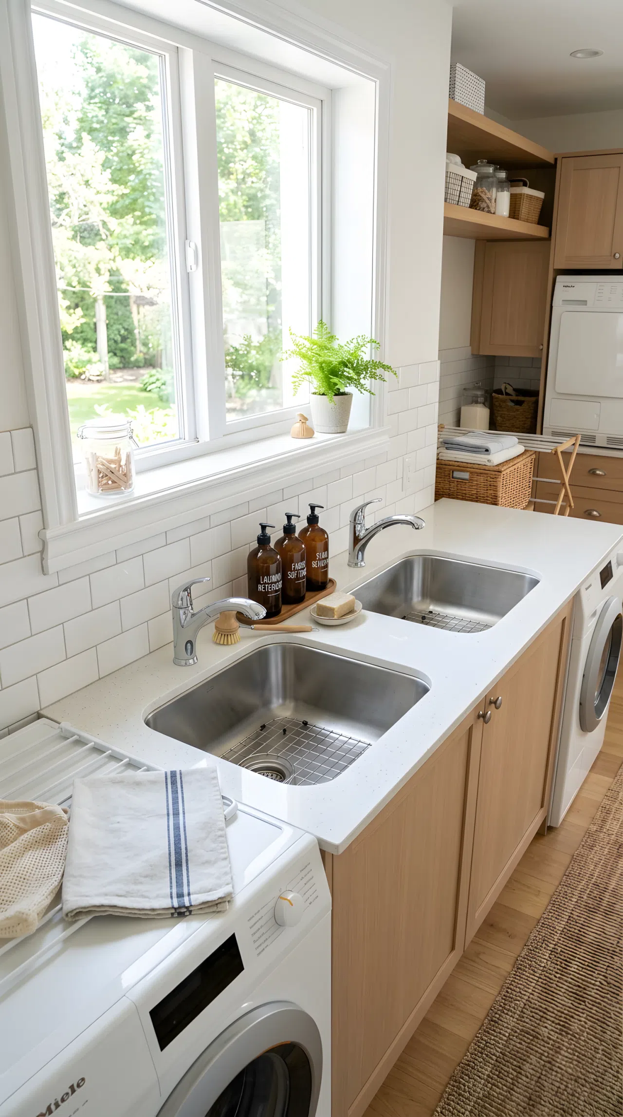 Realistic photograph of a double-basin laundry room sink with two matching stainless bowls, neatly made counter with beautifully arranged detergent bottles between the basins, organized and clean surfaces, bright natural light, functional real-life home laundry room, no people.
