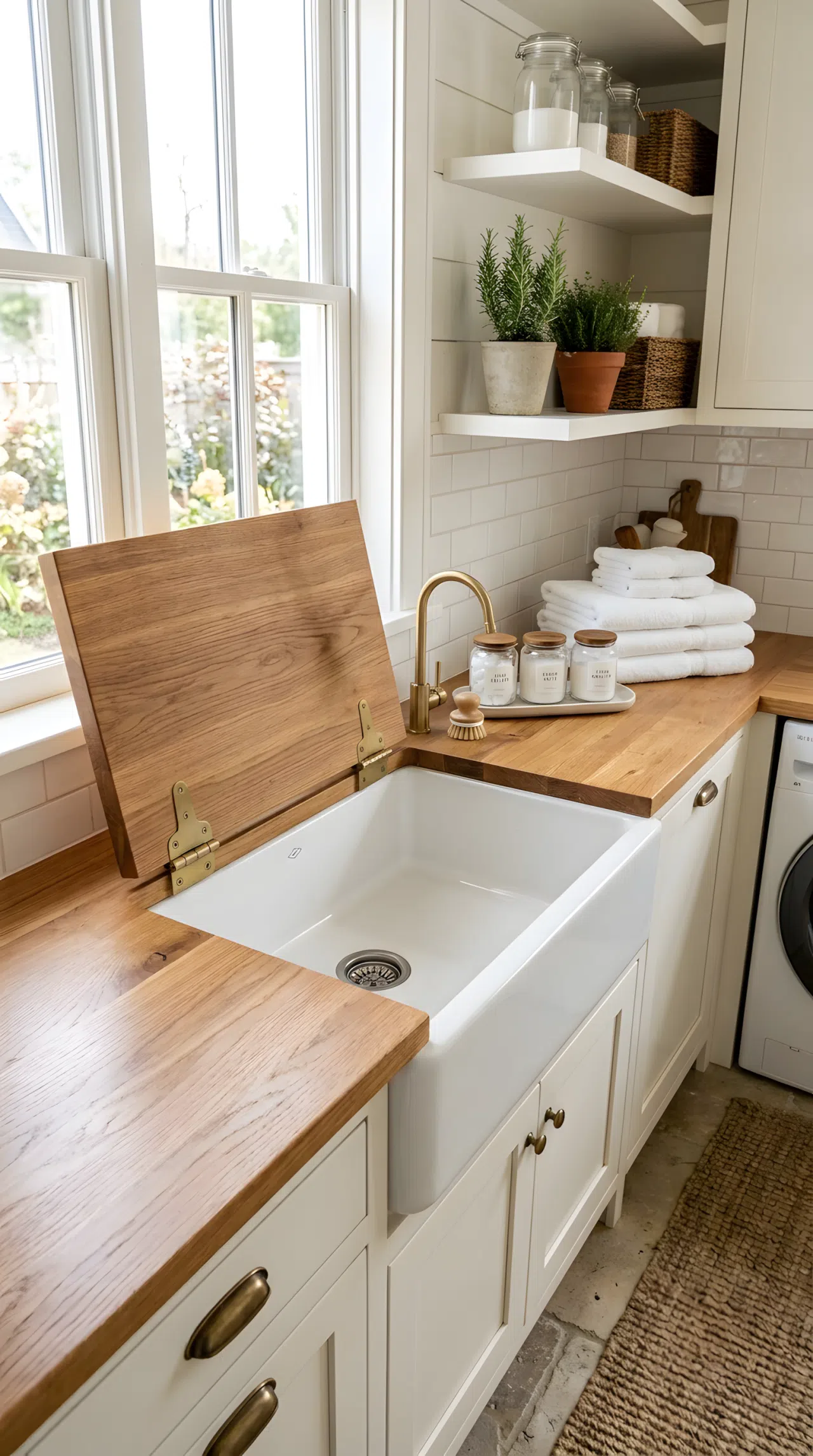Realistic photograph of a laundry room countertop cover shown half-lifted to reveal a sink underneath, neatly made folded towels stacked on the closed portion, beautifully arranged nearby supplies, organized and clean multipurpose room, bright natural light, no people.