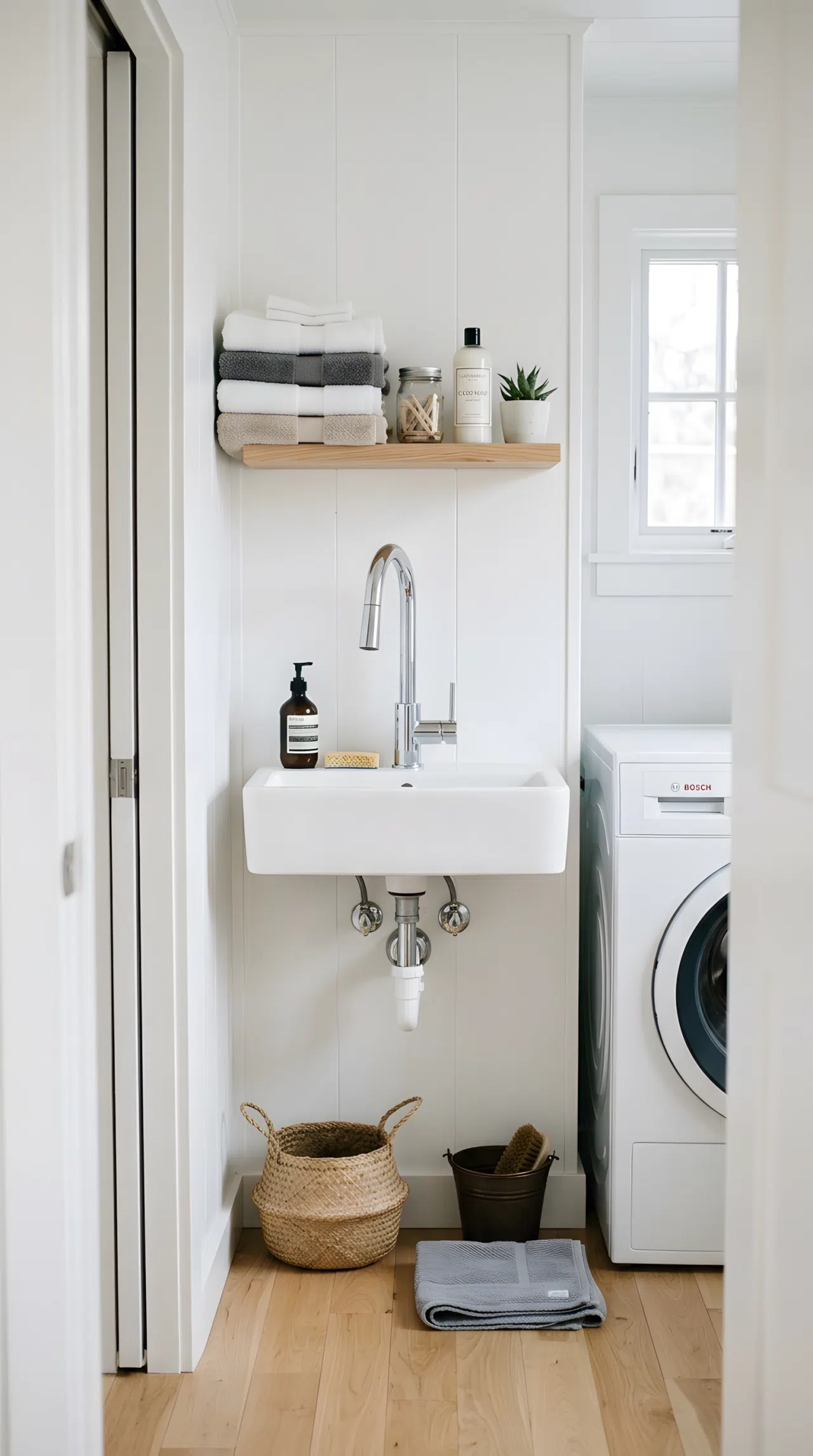 Realistic photograph of a slim wall-mounted sink with a gooseneck faucet in a narrow laundry closet, neatly made small shelf above with beautifully arranged folded cloths, organized and clean floor space below, bright natural light, compact real-life home setting, no people.