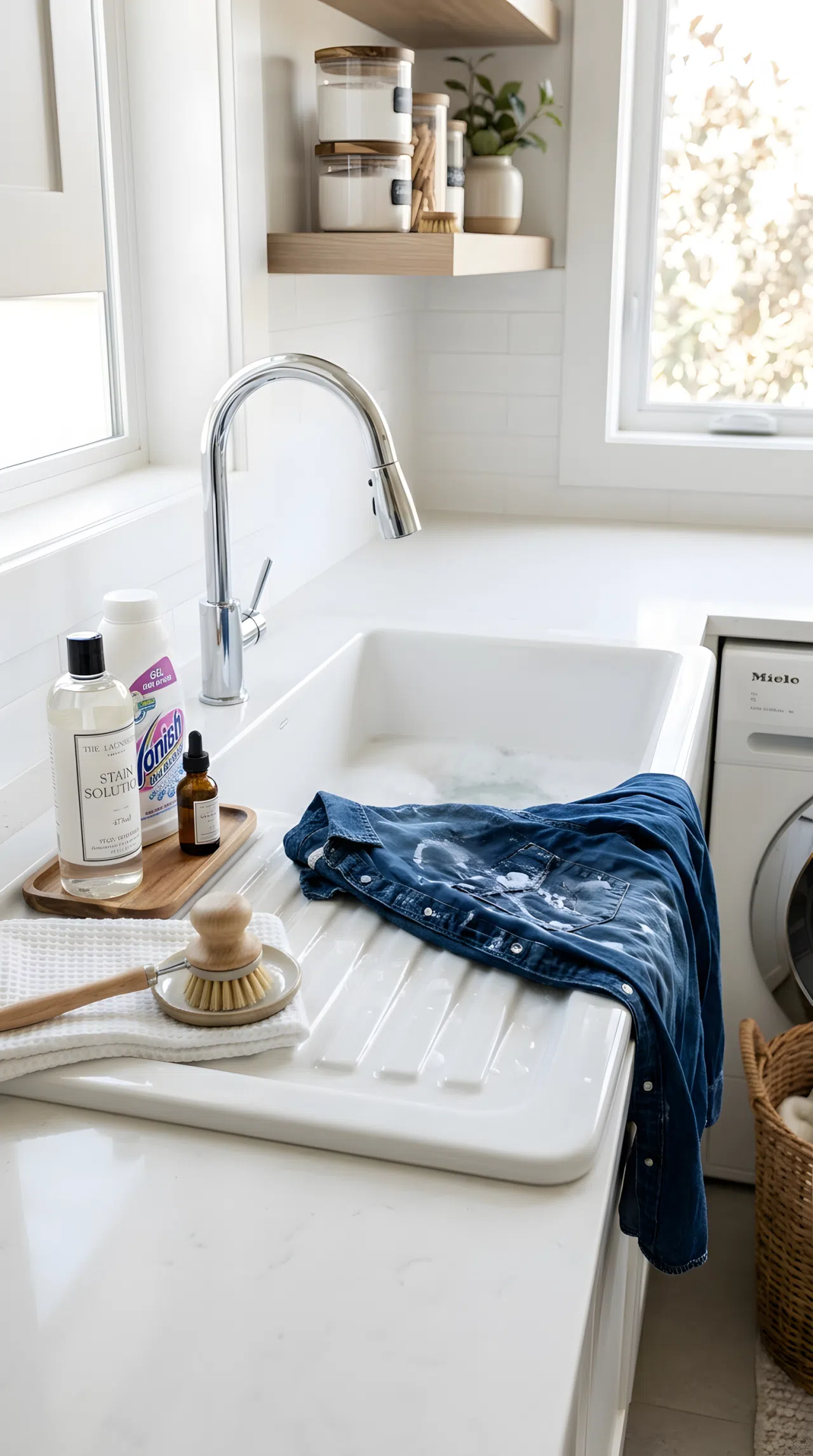 Realistic photograph of a laundry room sink featuring a built-in ridged scrub ledge, a denim garment laid across it mid-treatment, neatly made surrounding counter, beautifully arranged stain-treatment bottle nearby, organized and clean, bright natural light, no people.