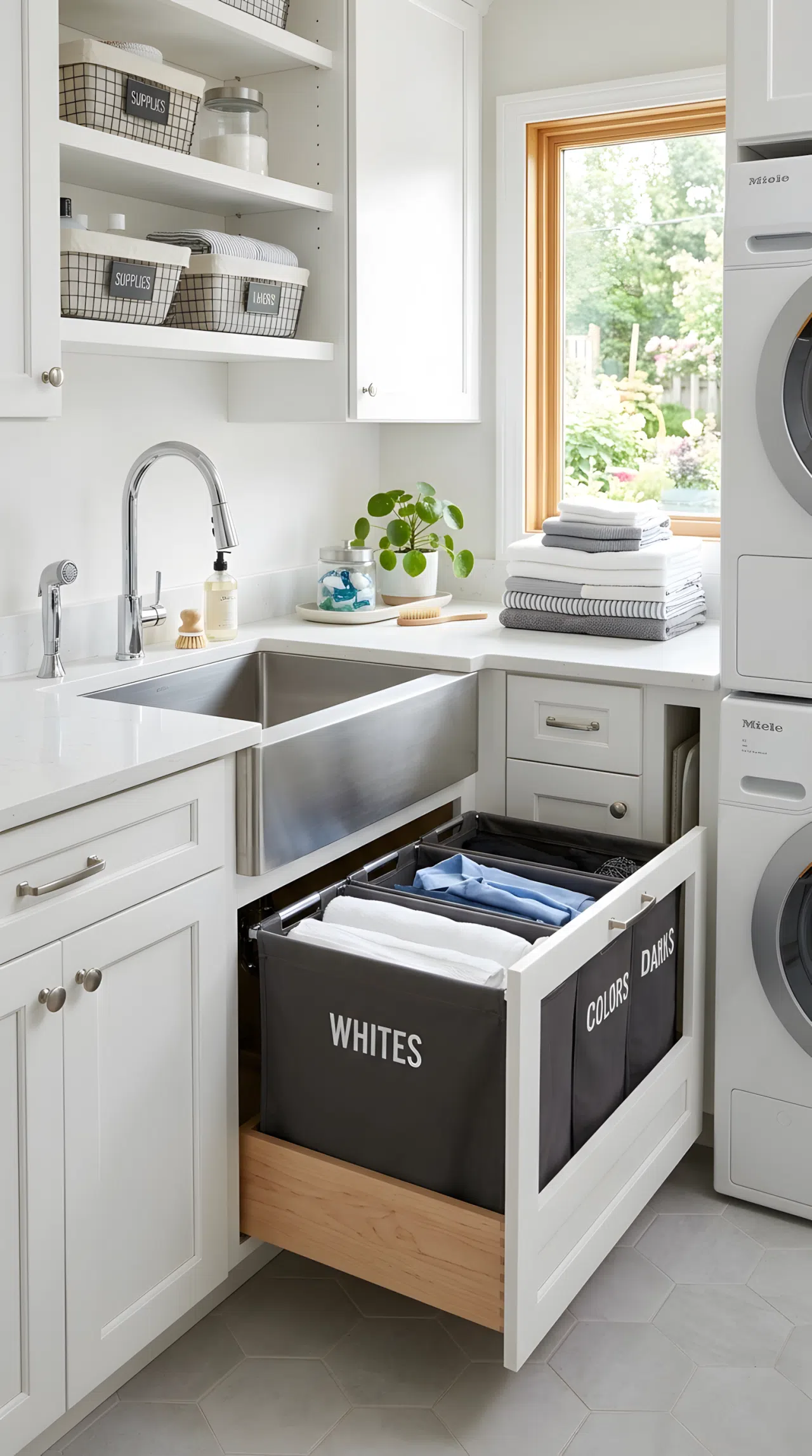 Realistic photograph of a laundry room sink cabinet with a pull-out hamper drawer partially open showing sorted fabric compartments, neatly made surrounding cabinetry, beautifully arranged folded clothes nearby, organized and clean, bright natural light, no people.