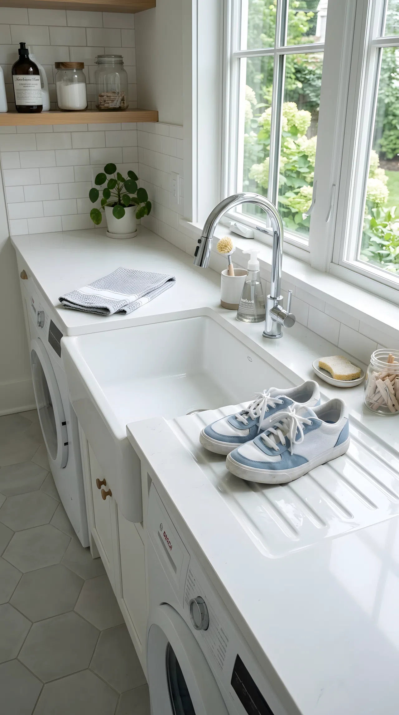 Realistic photograph of a laundry room sink with a grooved drainboard ledge holding a pair of hand-washed sneakers, neatly made surrounding counter, beautifully arranged folded towel nearby, organized and clean surfaces, bright natural light, real-life home laundry room, no people.