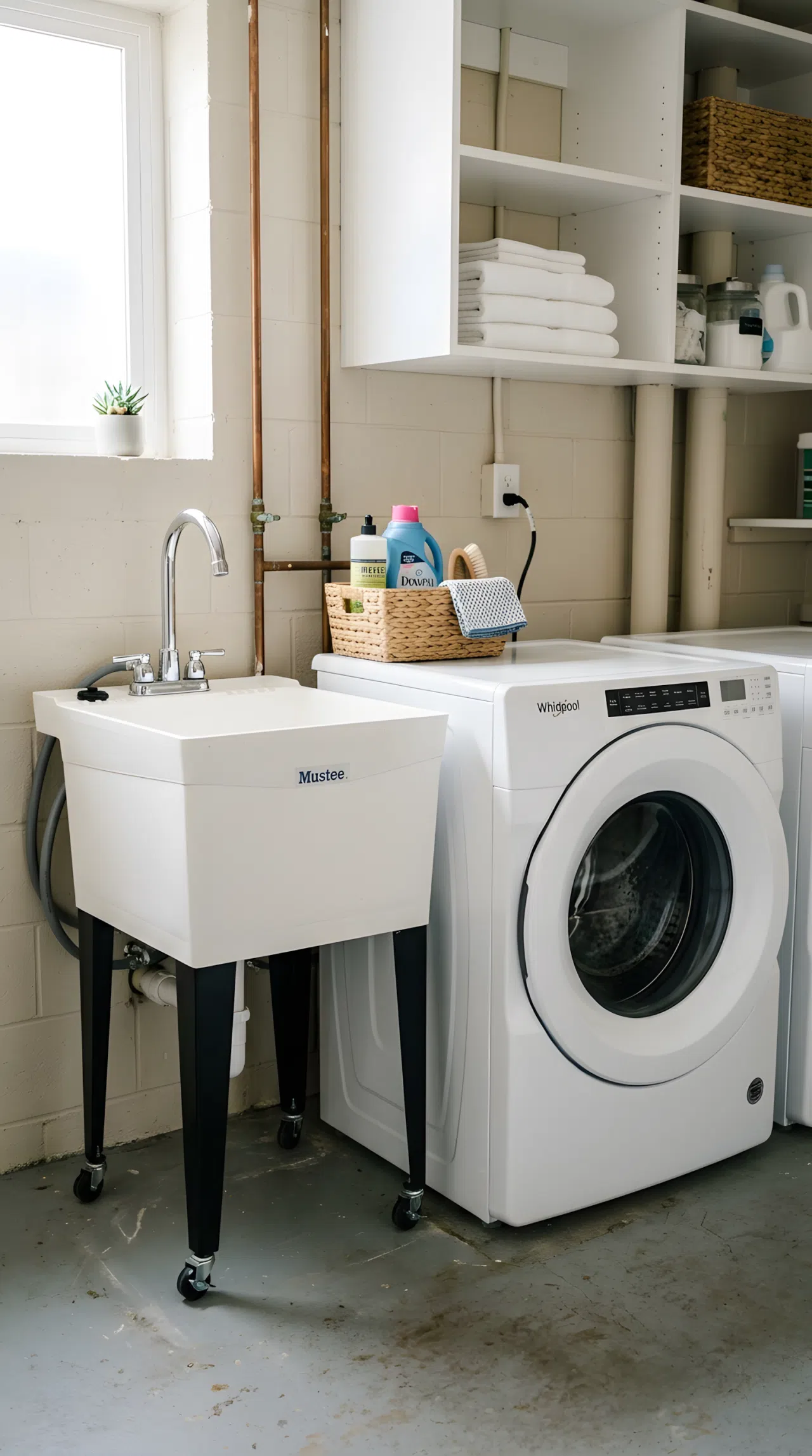 Realistic photograph of a freestanding utility sink on wheels positioned beside a washer in a rental laundry room, neatly made surrounding space, beautifully arranged small basket of supplies on top, organized and clean, bright natural light, no people.