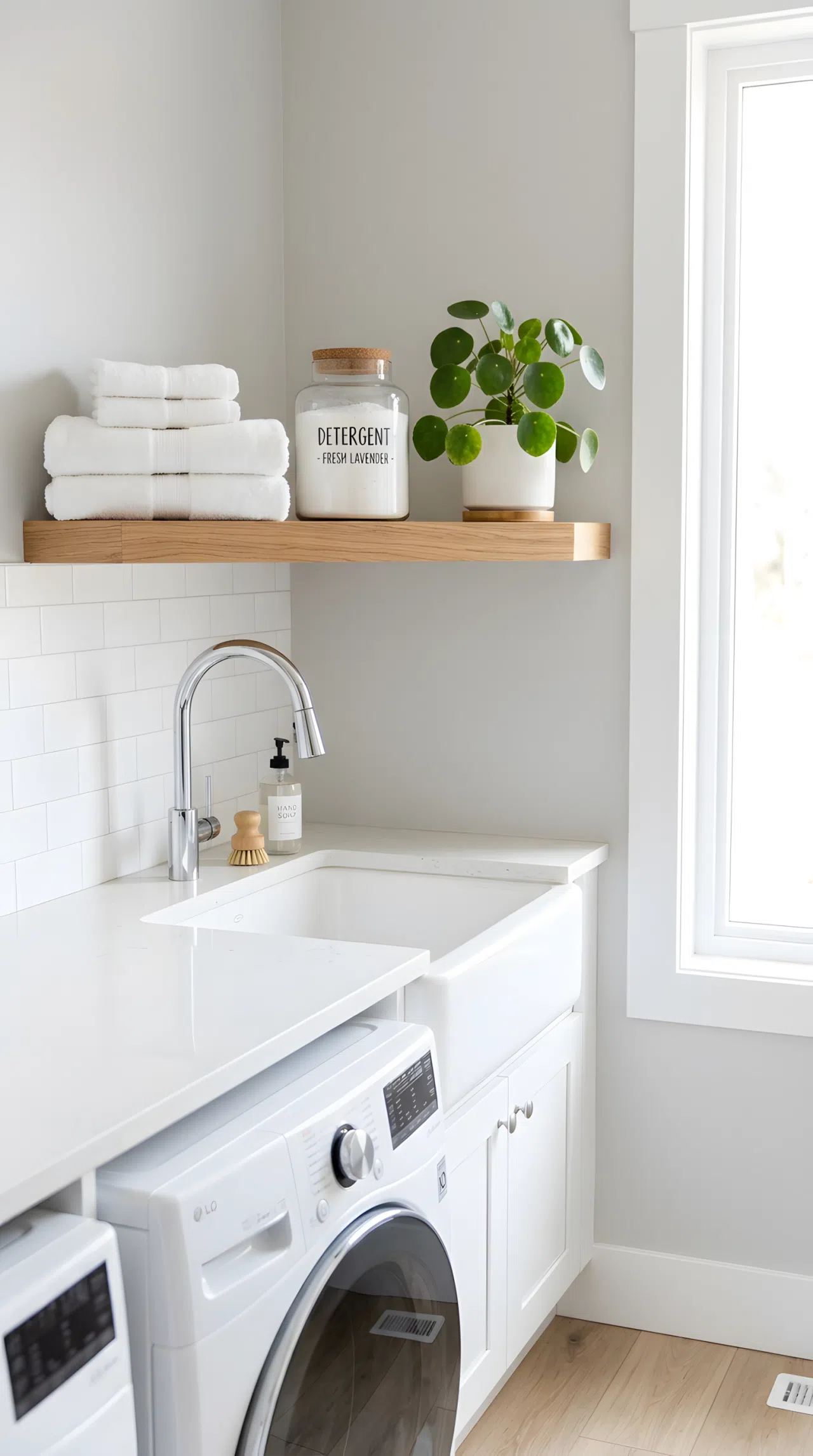 Realistic photograph of open floating shelves above a laundry room sink, neatly made folded towels stacked beside a labeled glass detergent jar and small potted plant, beautifully arranged, organized and clean, bright natural light, styled real-life home laundry room, no people.
