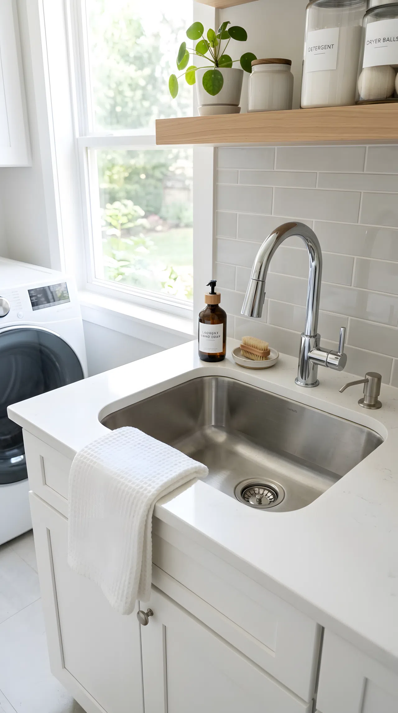 Realistic photograph of a laundry room sink deck with a built-in soap dispenser pump, neatly made clear countertop around it, beautifully arranged small hand towel folded nearby, organized and clean, bright natural light, sleek real-life home setting, no people.