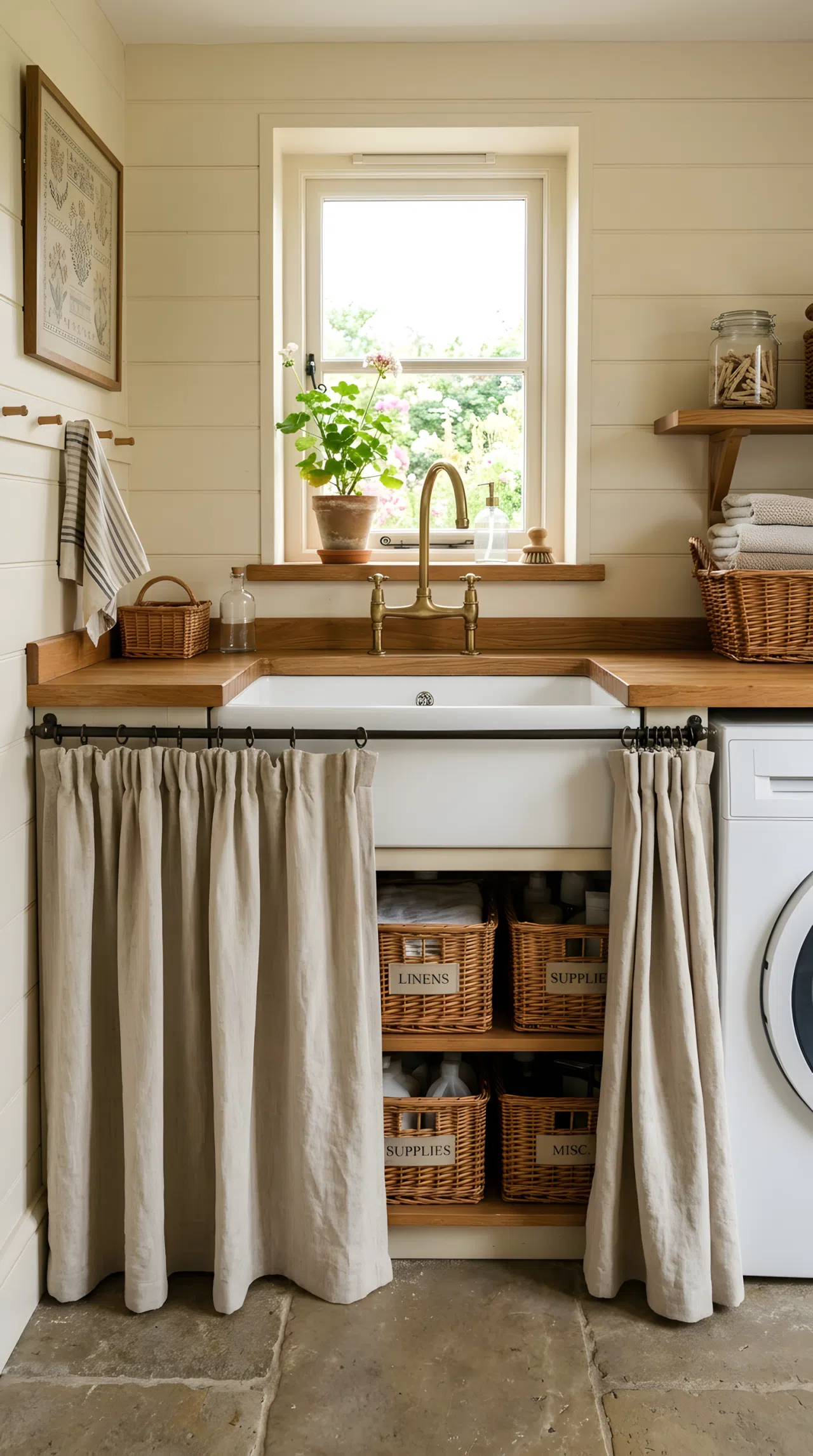 Realistic photograph of a laundry room sink with a soft linen curtain skirt hiding storage beneath, neatly made visible bins peeking behind a partially drawn curtain, beautifully arranged, organized and clean, bright natural light, cottage-style real-life home laundry room, no people.