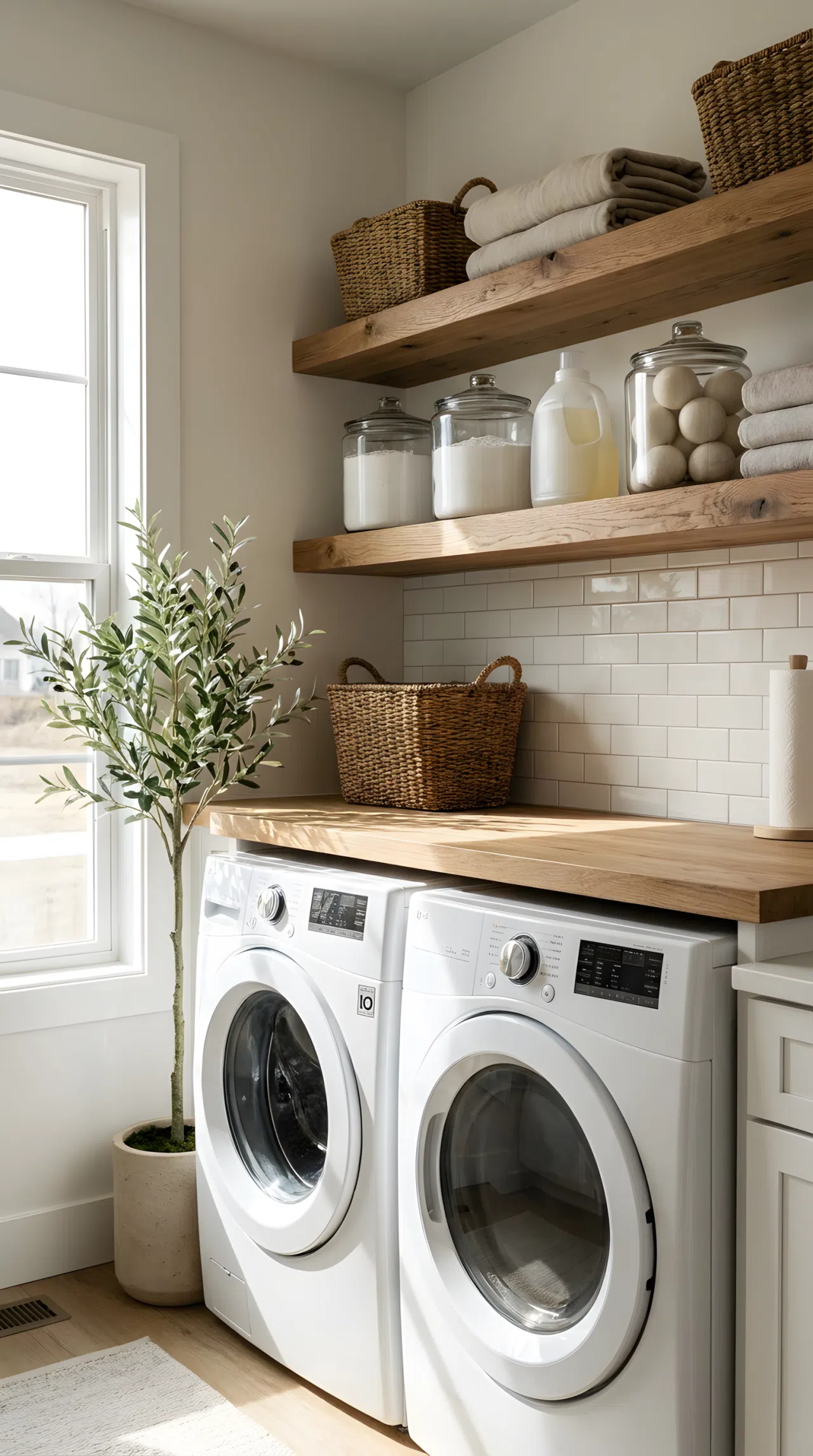 A high-quality stock photo of a clean laundry room featuring thick wooden floating shelves installed directly above a modern front-load washer and dryer. On the shelves, glass jars filled with detergent are beautifully arranged and organized. The room is flooded with bright natural light coming from a side window, highlighting the texture of the wood, looking completely neatly made.