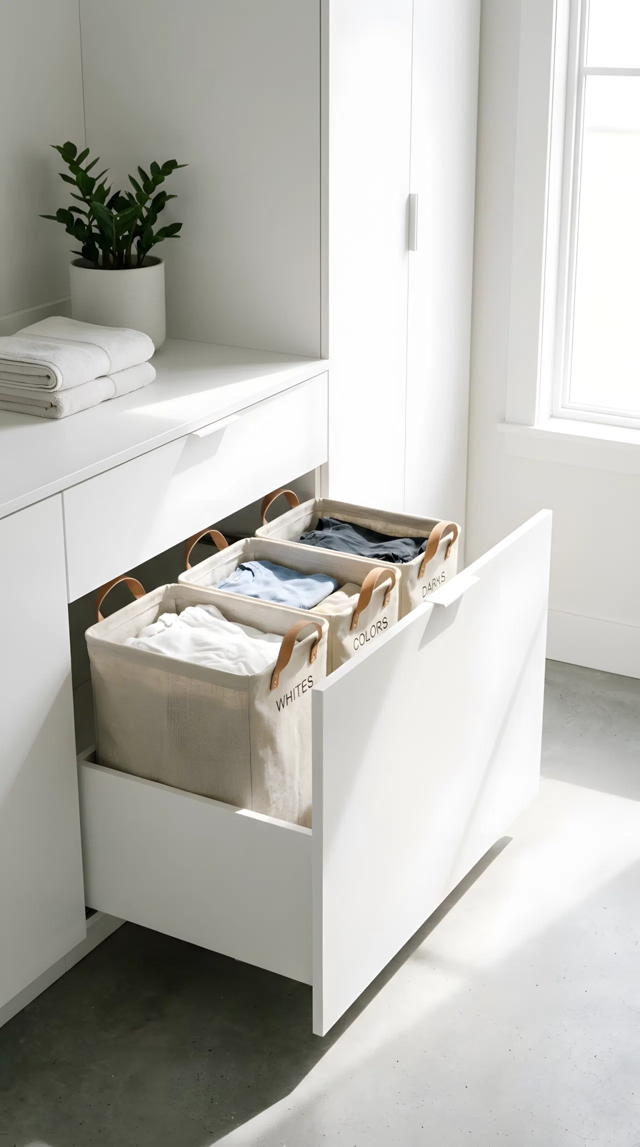 A real-life photography shot of an open white cabinet drawer revealing neatly made, integrated cloth hampers for sorting clothes. The laundry space is clean and organized, with a minimalist aesthetic. Bright natural light streams across the floor, making the white cabinetry look crisp and beautifully arranged.