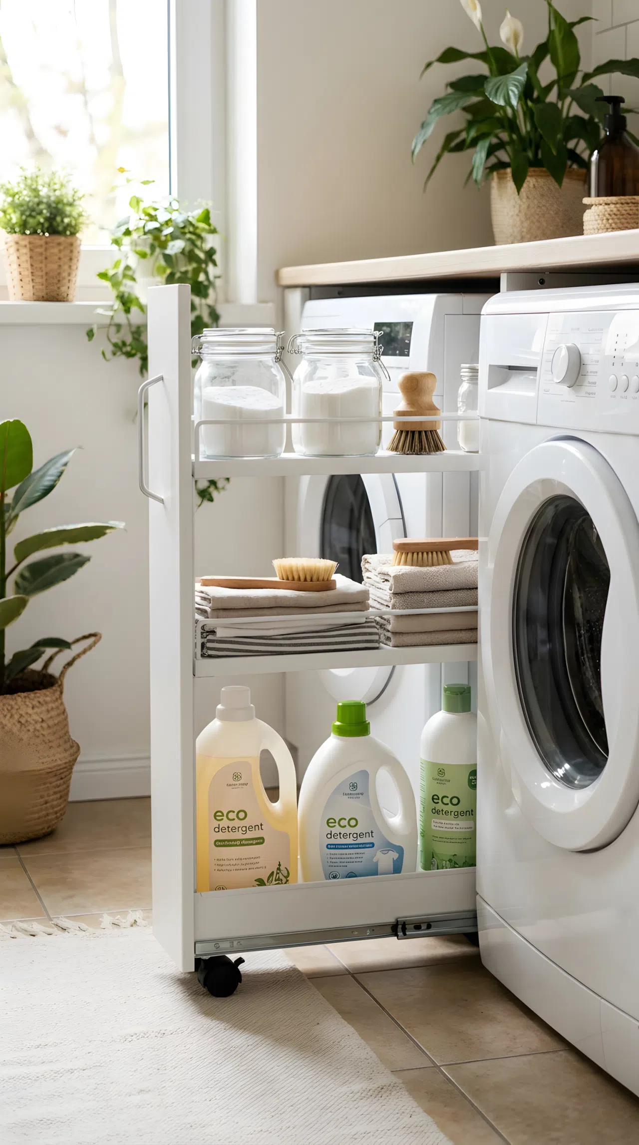 A stock photograph capturing a slim white metal rolling cart filled with laundry supplies, partially slid into the narrow gap next to a washing machine. The items on the cart are organized, neatly made, and beautifully arranged. The entire scene is clean, shot in bright natural light that illuminates the cozy space.