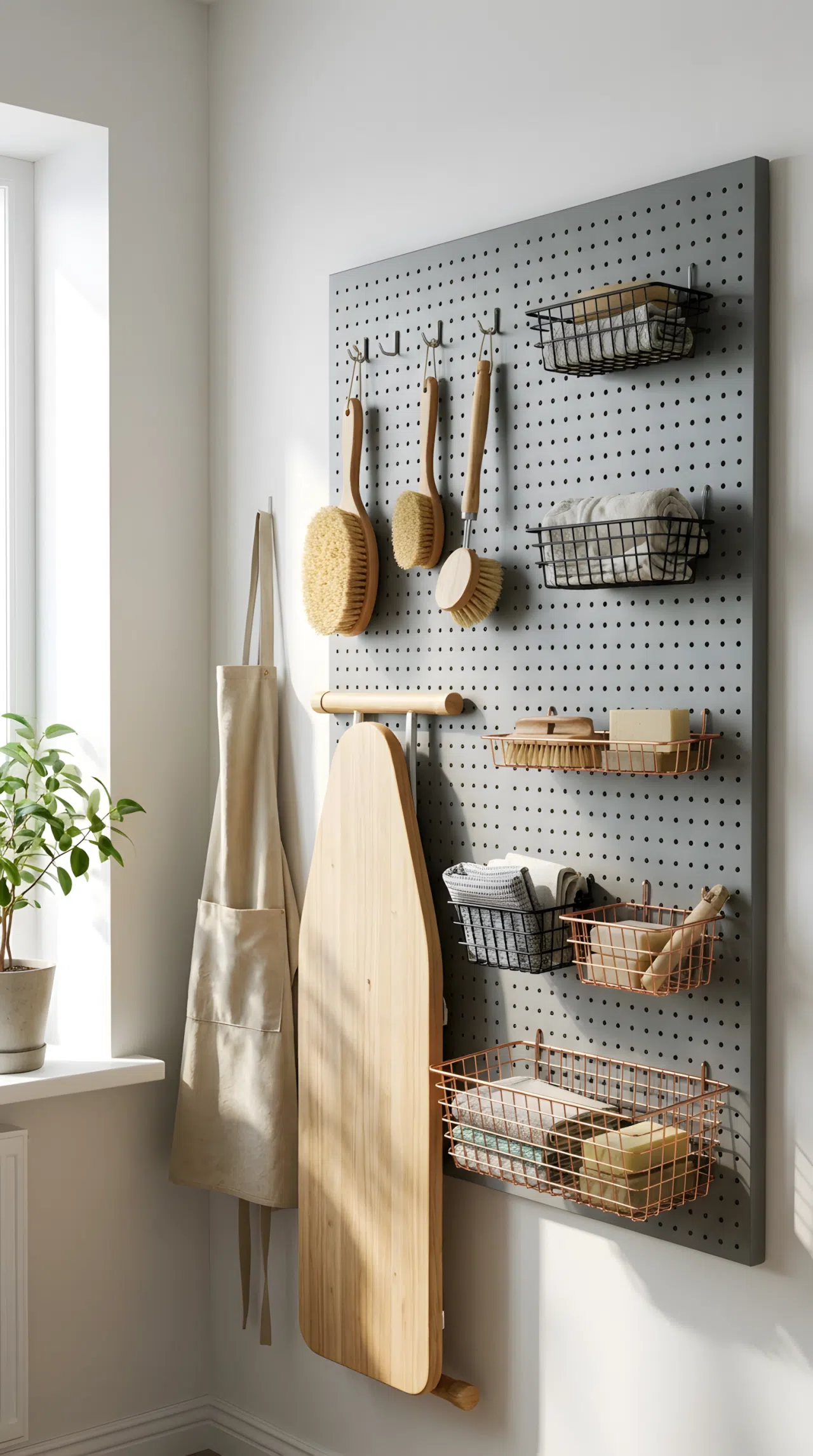 A realistic stock photo of a matte gray wall-mounted pegboard in a utility room. Cleaning brushes, an ironing board, and small wire baskets are neatly made, organized, and beautifully arranged on the hooks. The setting is clean, with bright natural light casting soft shadows on the organized wall.