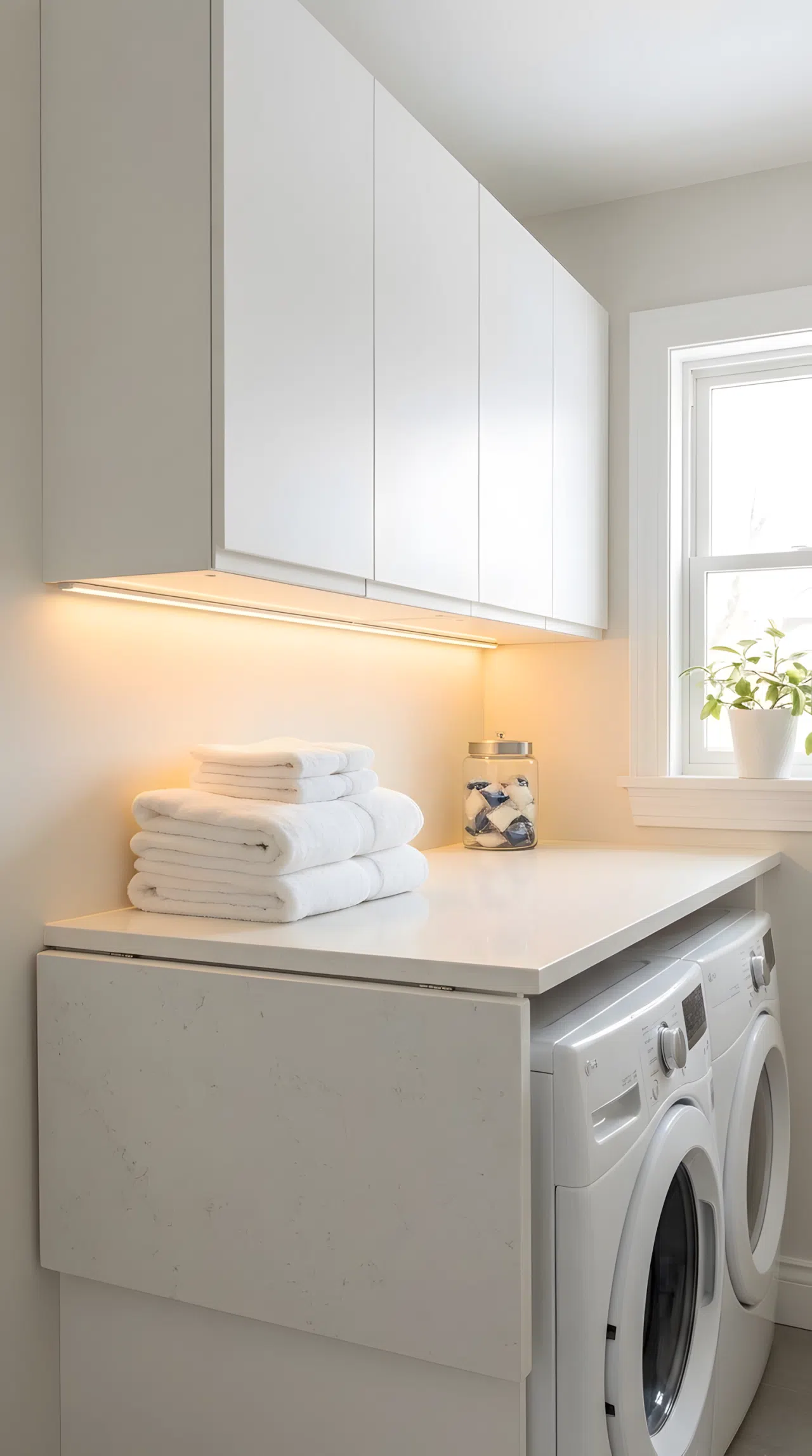 A stock photo of white overhead cabinets in a modern laundry room, featuring under-cabinet LED strip lights positioned to cast a warm, even glow directly onto a clean folding countertop below. A stack of folded white towels is neatly made and beautifully arranged on the counter. The space looks organized, clean, and bright, with the strategic light positioning eliminating shadows on the workspace, complemented by soft, bright natural light from a nearby window.