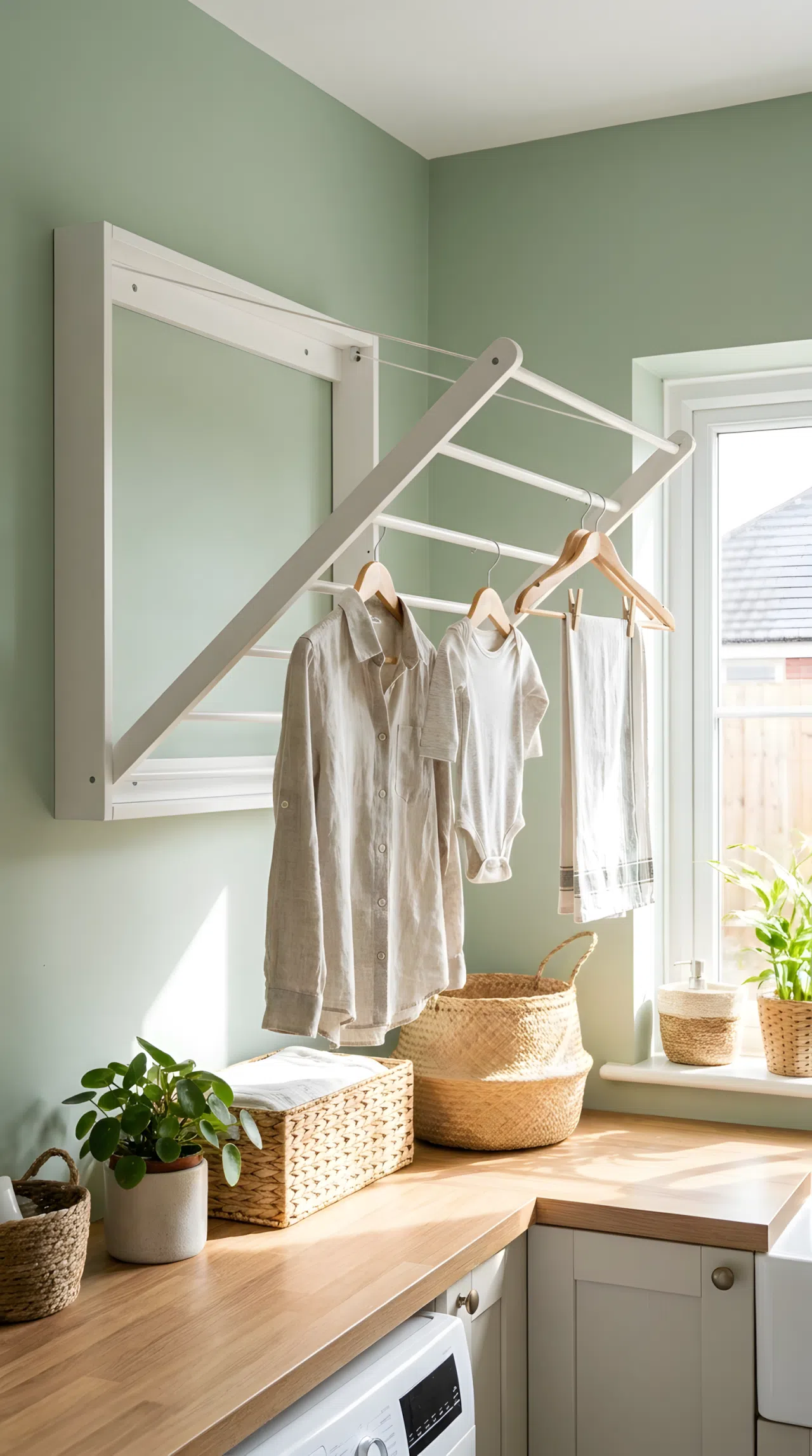 A real-life stock photo of a clean laundry room showing a sleek, white wooden retractable drying rack mounted on a pastel-colored wall. A few garments are hung neatly made on the rack. The entire space is beautifully arranged, organized, and illuminated by bright natural light.