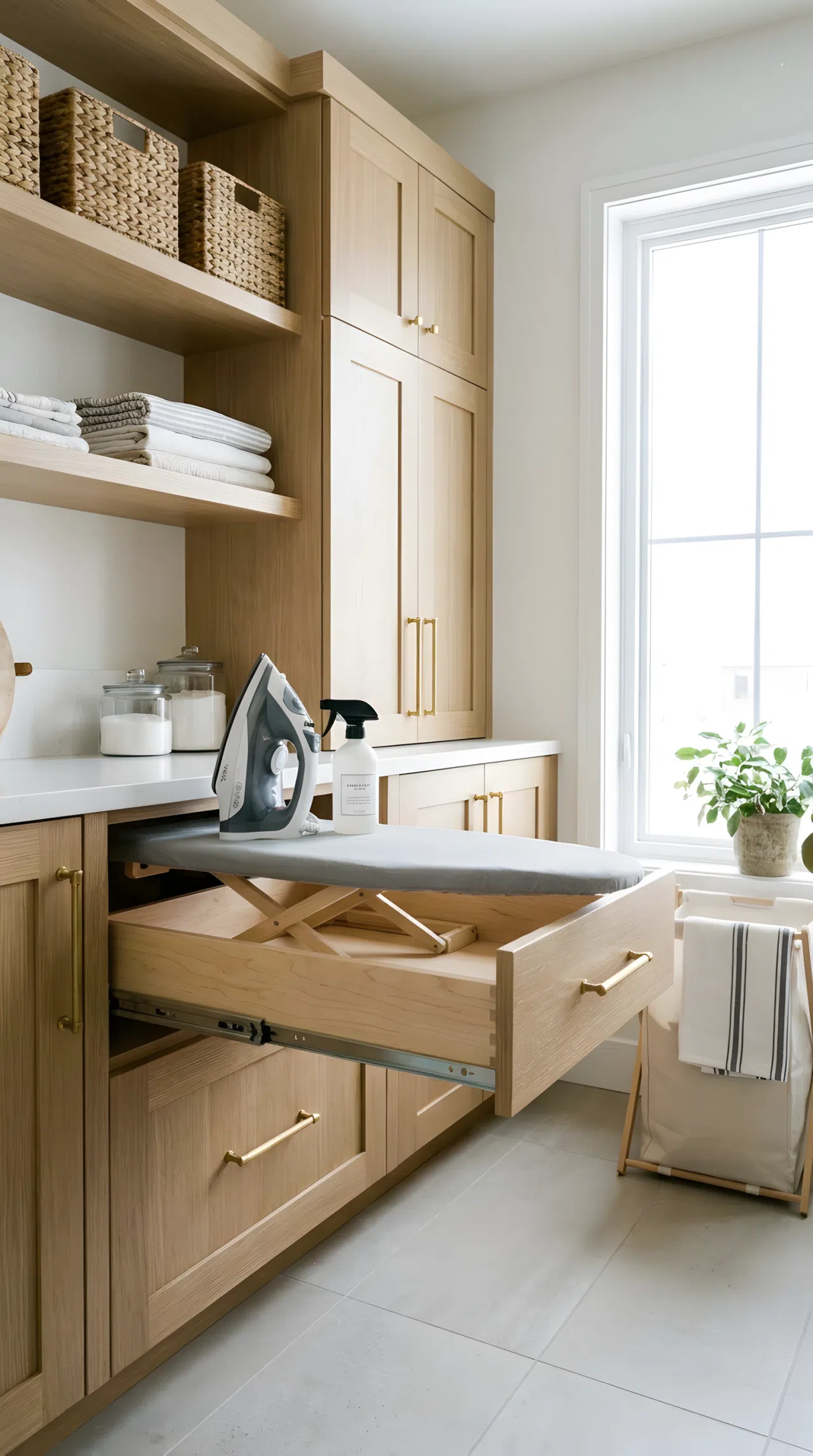A high-quality stock photograph of a modern utility room drawer pulled open to reveal a built-in folding ironing board. The surrounding cabinetry is clean and organized, with neatly made items nearby. Bright natural light floods the room, making it look beautifully arranged and inviting.