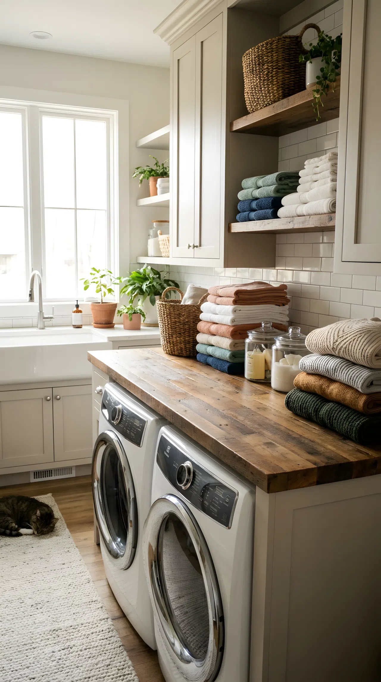 A Pinterest-ready stock photo of a beautiful laundry room featuring a thick wooden butcher block countertop installed over clean front-load appliances. Stacked clothes are neatly made and beautifully arranged on top. The organized space is bathed in bright natural light from a large window.