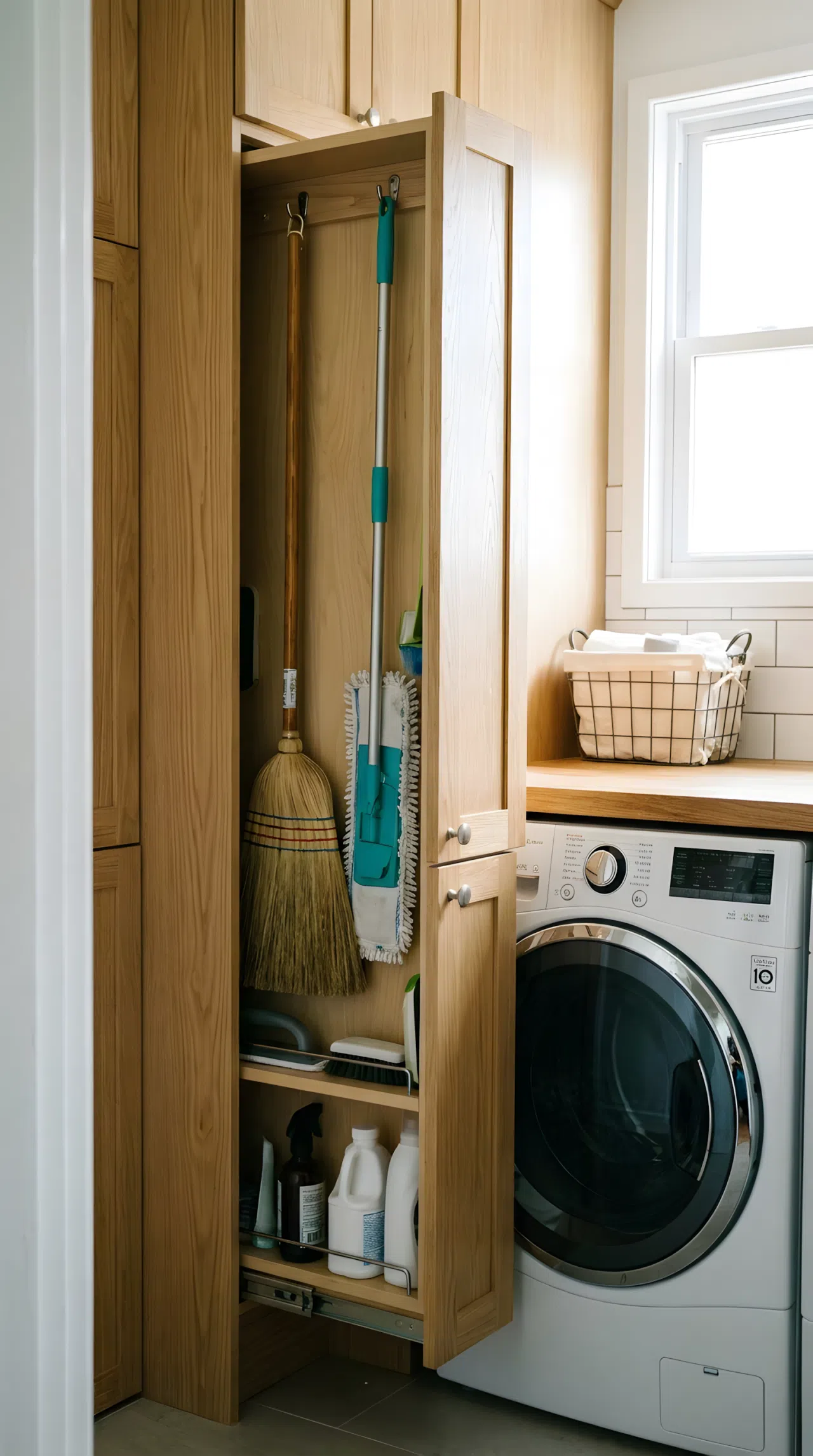 A real-life photography shot of a narrow vertical slide-out cabinet pulled open next to a washing machine. Inside, a broom and a mop are organized and beautifully arranged on hooks. The utility area is clean, neatly made, and lit by bright natural light.