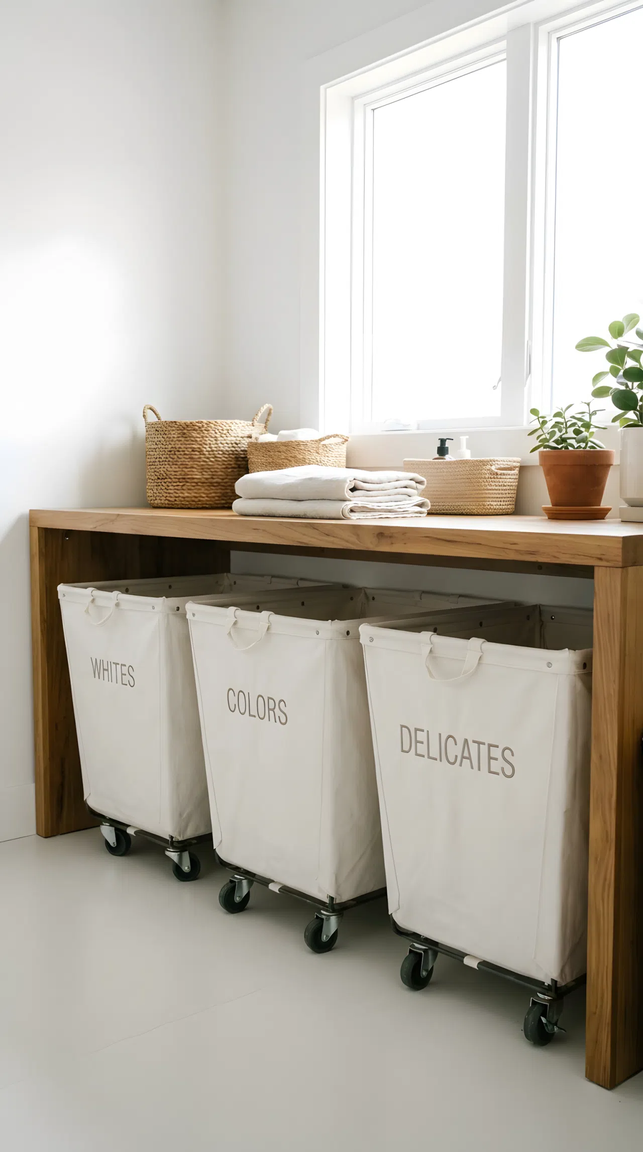 A high-quality stock photo of three white canvas laundry bins on wheels parked beneath a wooden countertop. The labels on the bins are organized, and the surrounding space is clean, looking neatly made. The scene is illuminated by gorgeous bright natural light, with everything beautifully arranged.