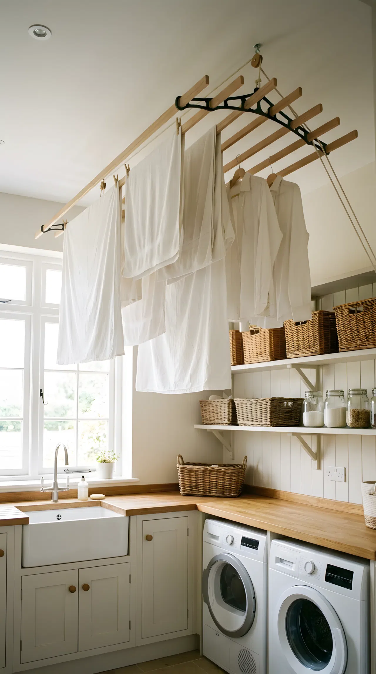 A real-life stock photo of a laundry room featuring a wooden ceiling-mounted pulley drying rack. Several white linens are hung neatly made on the rack, which is pulled up toward the ceiling. The utility room below is clean, organized, and filled with bright natural light, making the space feel open and beautifully arranged.