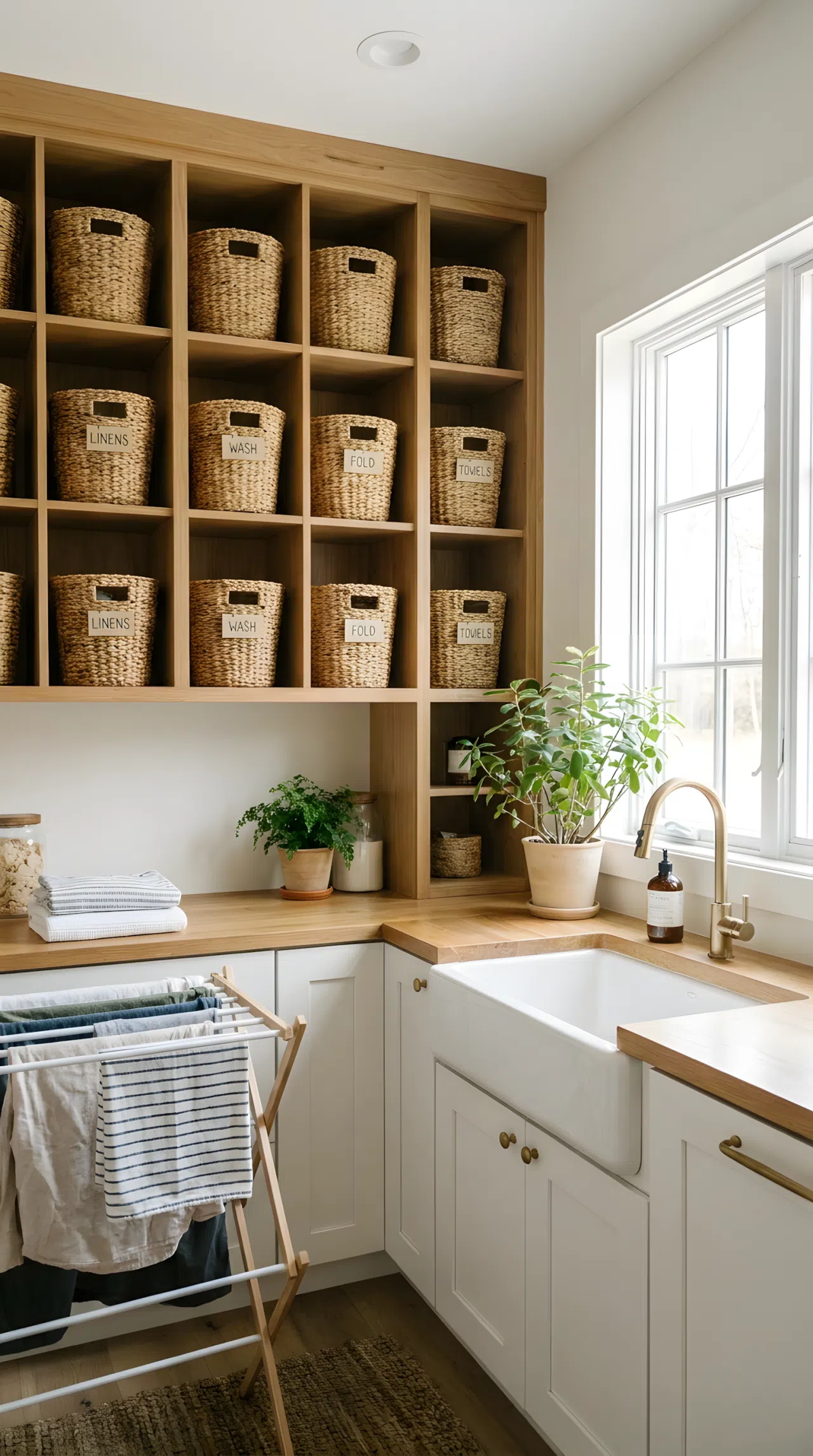 A Pinterest-ready stock photo of a custom storage wall with open cubbies. Inside the cubbies, matching woven baskets with neat labels are beautifully arranged and organized. The laundry room is clean, drenched in bright natural light, and everything is neatly made.