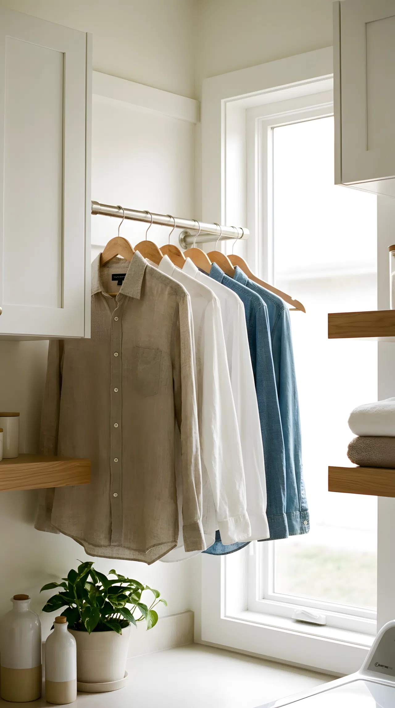 A real-life photography shot of a sleek metal clothes rod installed horizontally between two white upper cabinets. Freshly ironed shirts on wooden hangers are hung neatly made along the rod. The space is clean, organized, and illuminated beautifully by bright natural light.