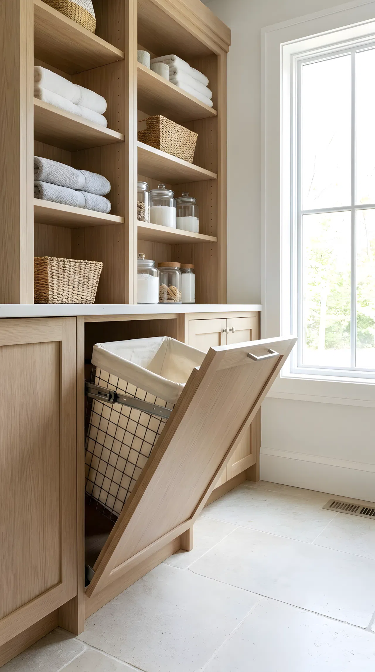 A high-quality stock photograph of a clean laundry room cabinet with a tilt-out door partially open, revealing a hidden trash bin inside. The surrounding modern cabinetry is organized and neatly made. Bright natural light streams in from a window, making the beautifully arranged space feel welcoming.
