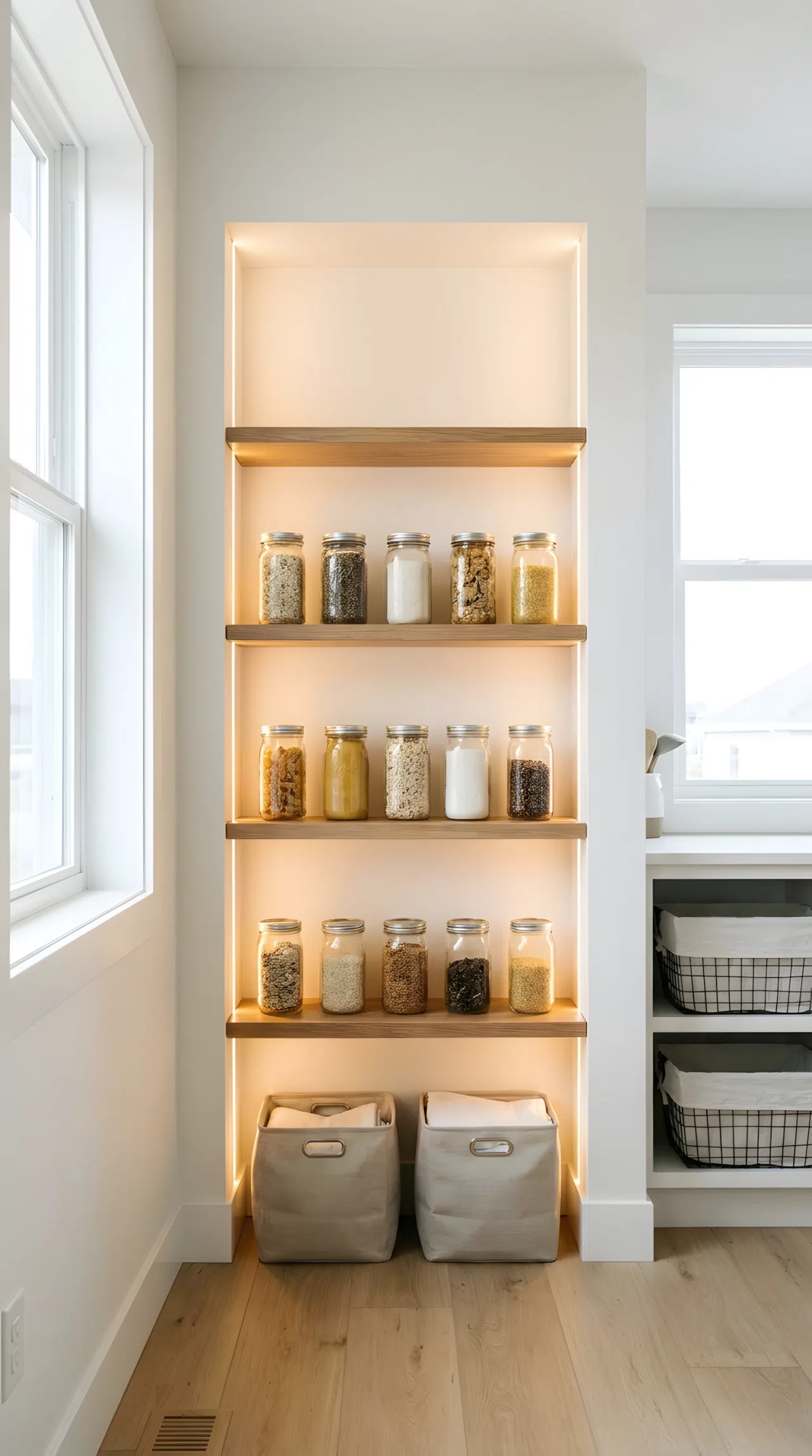 A high-quality stock photo of a recessed wall nook in a clean utility room. The nook has hidden vertical LED strips installed along its inner sides, casting a clear, focused glow across shelves holding beautifully arranged glass jars. The lighting position illuminates the contents perfectly without shadows. The entire space is organized, neatly made, and complemented by bright natural light.