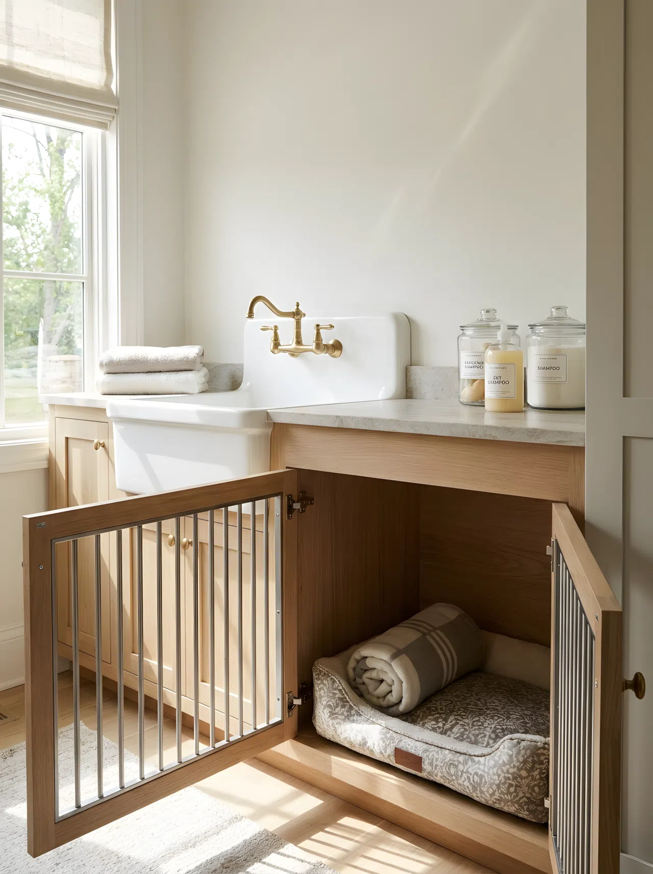 Raised Wash Station with Kennel Below: A realistic photo of a raised ceramic dog wash tub built into a laundry counter, with an open kennel built into the cabinetry directly underneath holding a neatly arranged dog bed, clean organized space, bright natural light, real-life photography, eye-level angle.
