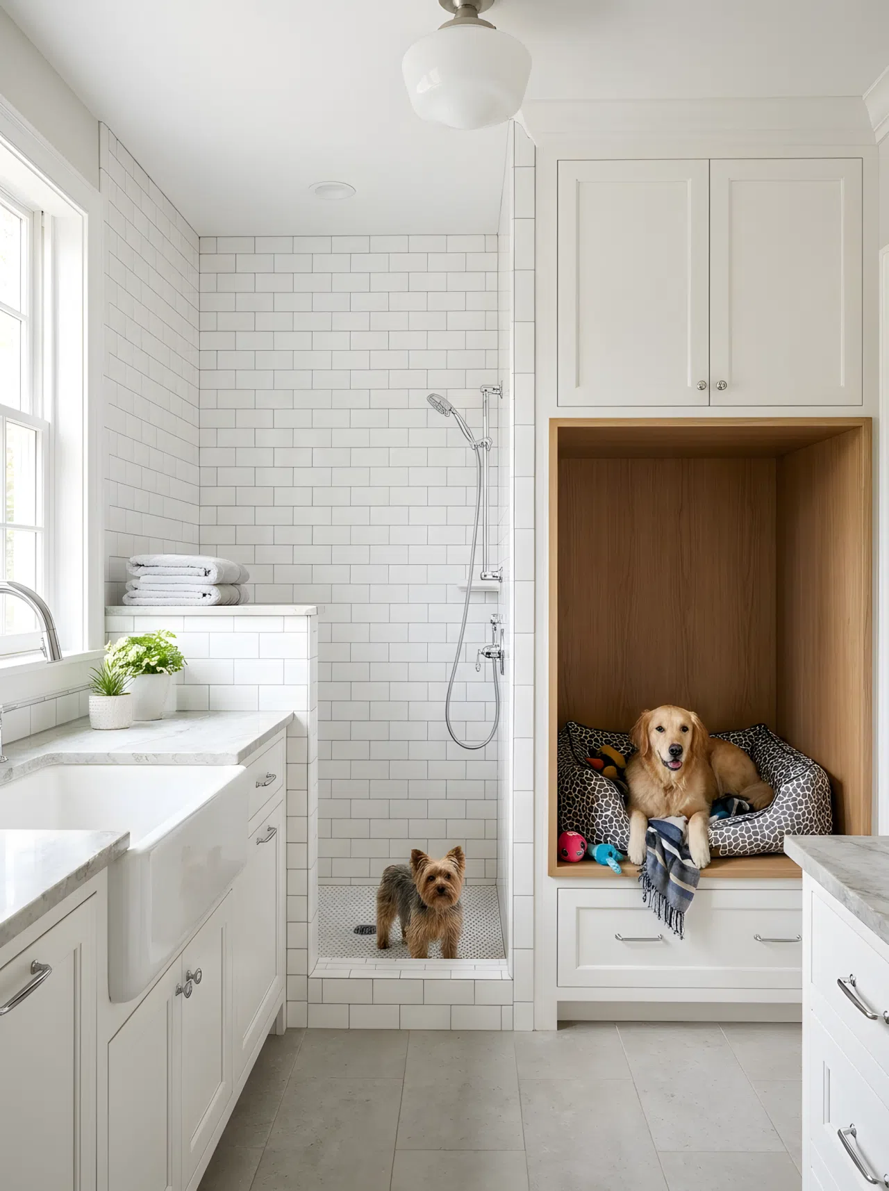 Side-by-Side Bath and Kennel Nook: A photo of a walk-in dog shower stall positioned next to an open kennel nook along the same laundry room wall, both neatly arranged with towels and a dog bed, organized and clean, bright natural light, realistic stock photography, eye-level angle.