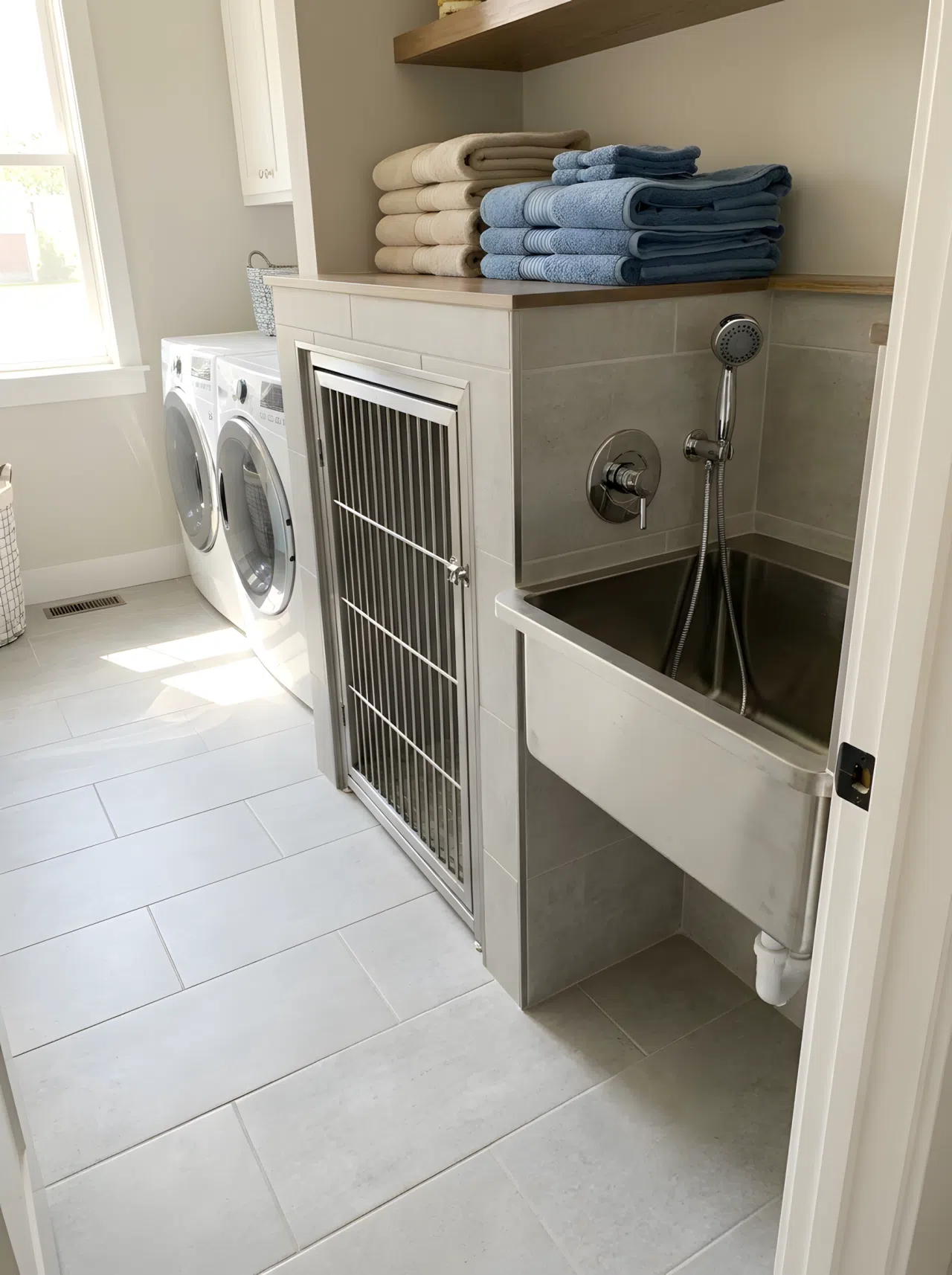 Kennel with Attached Rinse Basin: A realistic photo of a small rinse basin built directly beside a dog kennel door in a laundry room, neatly folded towels nearby, clean tile flooring, organized space, bright natural light, real-life photography, eye-level angle.