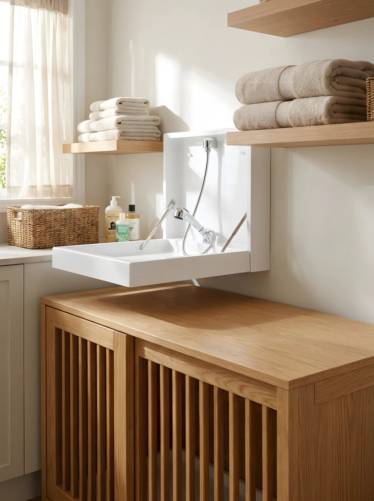 Fold-Out Bath Panel Over a Closed Kennel: A photo of a hinged wall-mounted dog wash basin folded open above a closed wooden kennel unit in a laundry room, neatly arranged towels on a nearby shelf, clean organized design, bright natural light, realistic photography, eye-level angle.