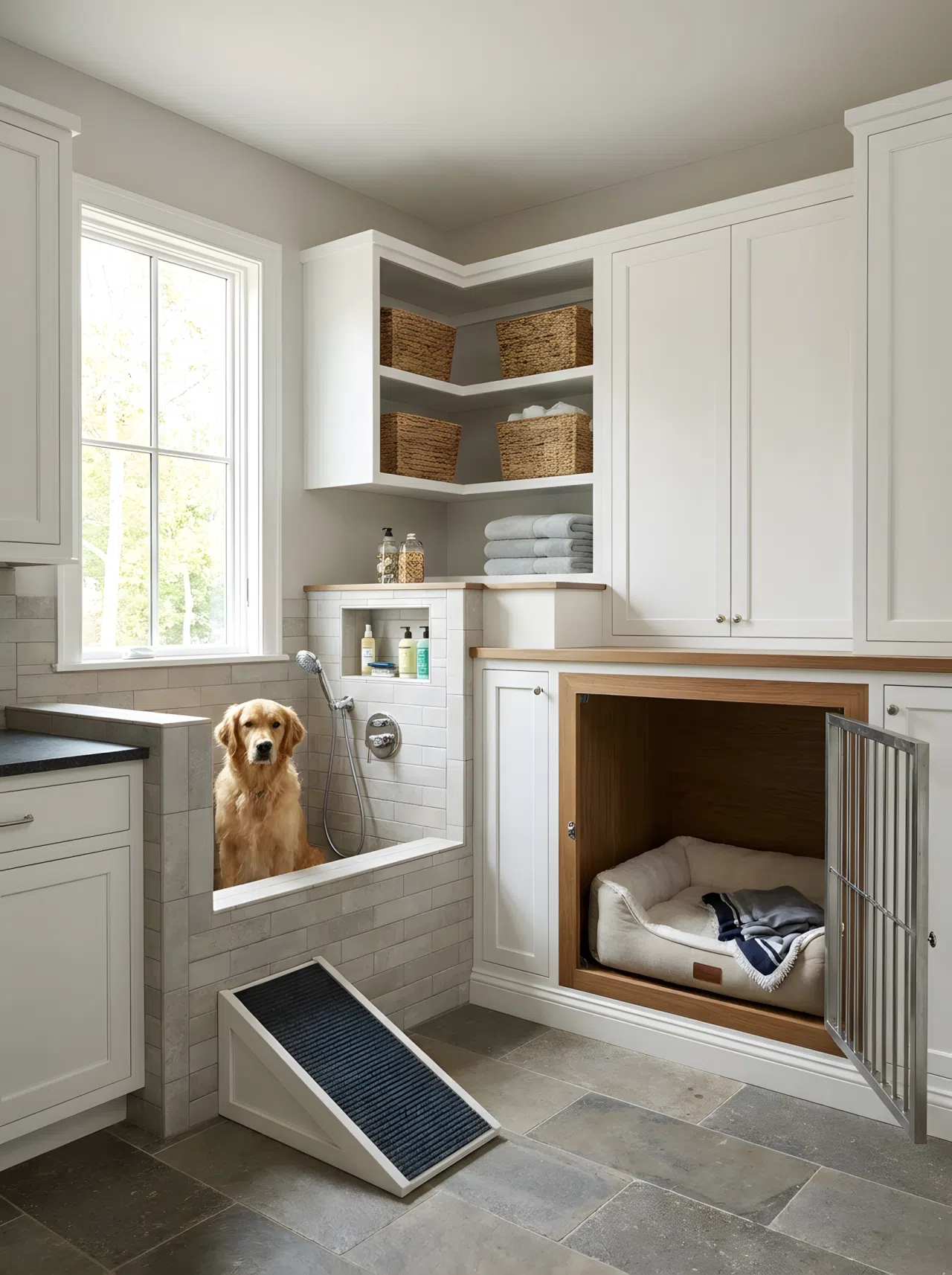 L-Shaped Corner Combo Unit: A realistic photo of an L-shaped built-in laundry room corner with a dog bath along one wall and a kennel with a neatly made dog bed along the adjoining wall, clean organized space, bright natural light, real-life photography, eye-level angle.