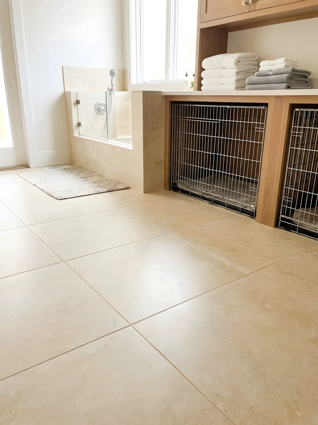 Heated Flooring Zone for Both Areas: A photo of light-toned heated tile flooring extending across both a dog wash station and an adjacent kennel area in a laundry room, neatly placed towels, clean dry surface, organized space, bright natural light, realistic photography, eye-level angle.