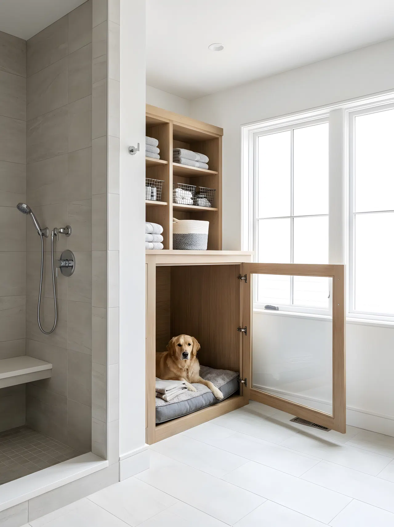 Glass-Front Kennel Beside an Open Shower: A realistic photo of an open-concept dog shower next to a kennel with a glass front door, a dog resting calmly inside on a neatly arranged bed, clean modern laundry room design, organized space, bright natural light, real-life photography, eye-level angle.