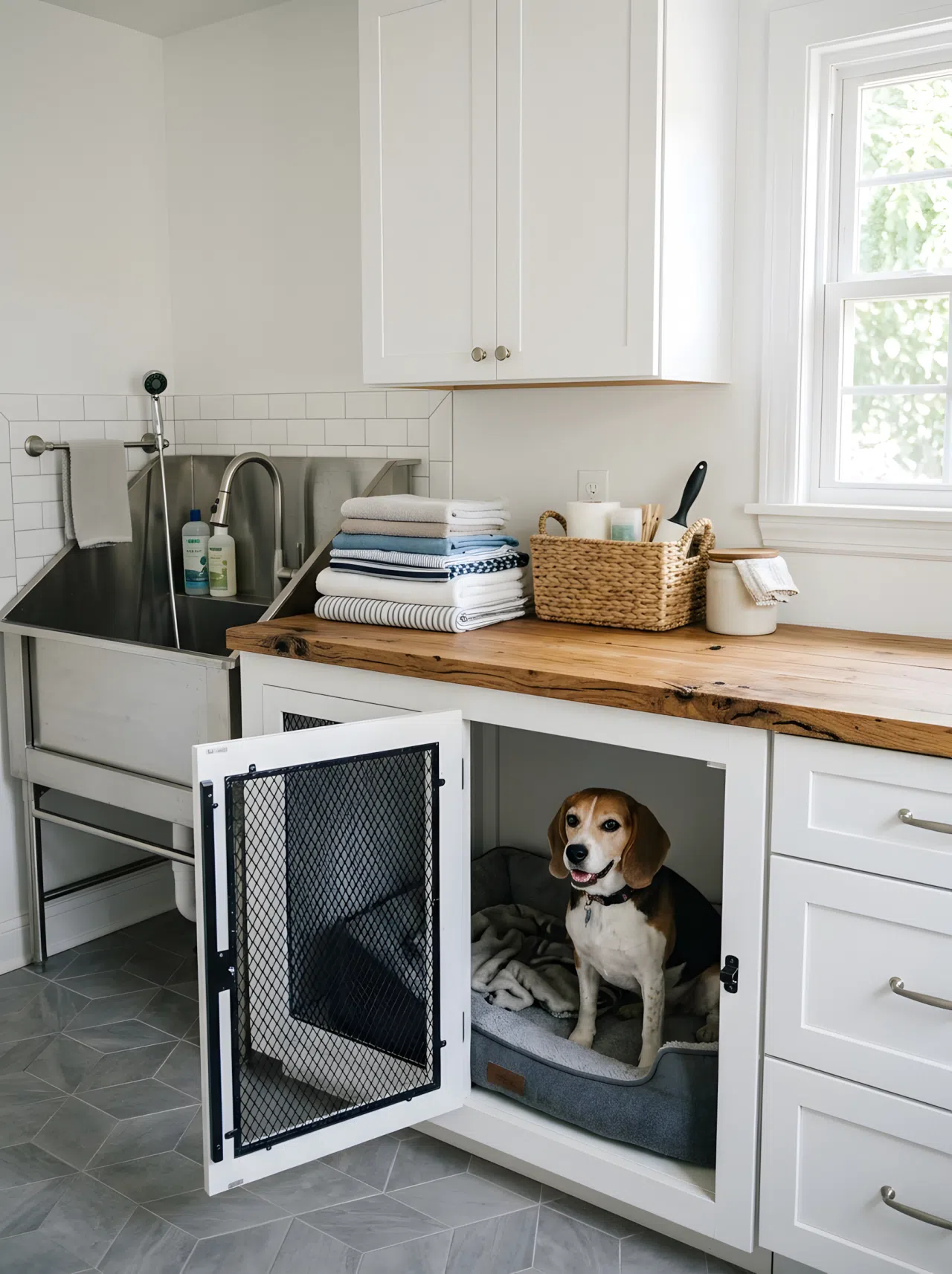 Countertop Bridge Connecting Bath and Kennel: A photo of a wooden countertop spanning both a dog wash basin and the top of a built-in kennel in a laundry room, neatly folded laundry stacked on the counter, clean organized surface, bright natural light, realistic stock photography, eye-level angle.