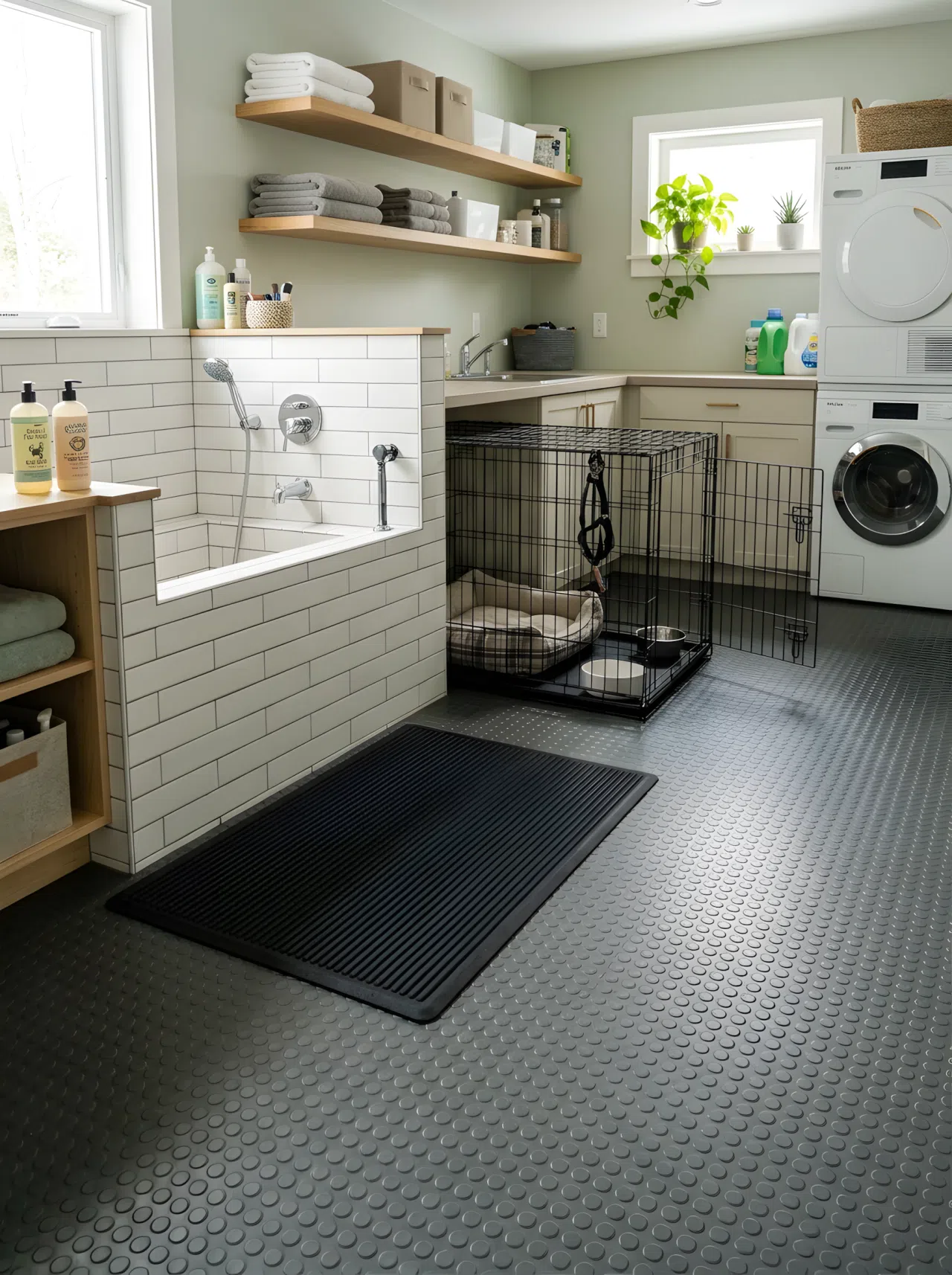 Non-Slip Flooring Across the Whole Combo Area: A realistic photo of textured non-slip rubber flooring extending across a dog bath zone and kennel floor in a laundry room, neatly placed rubber mat, clean dry organized space, bright natural light, real-life photography, eye-level angle.