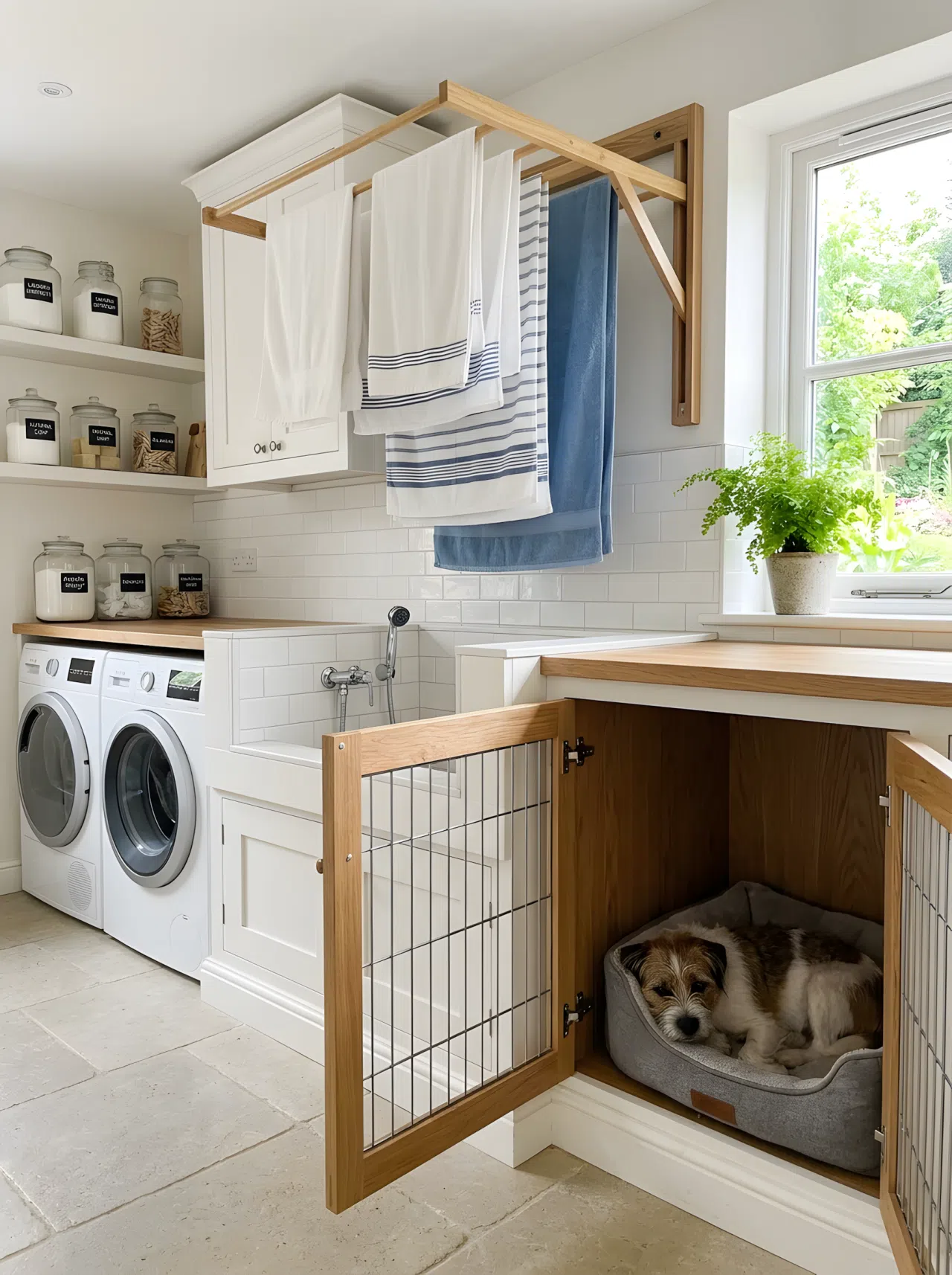 Drying Rack Above the Bath, Kennel Alongside: A photo of a retractable wooden drying rack mounted above a dog wash basin with neatly hung towels, a built-in kennel with a dog bed positioned right next to it, clean organized laundry room, bright natural light, realistic photography, eye-level angle.