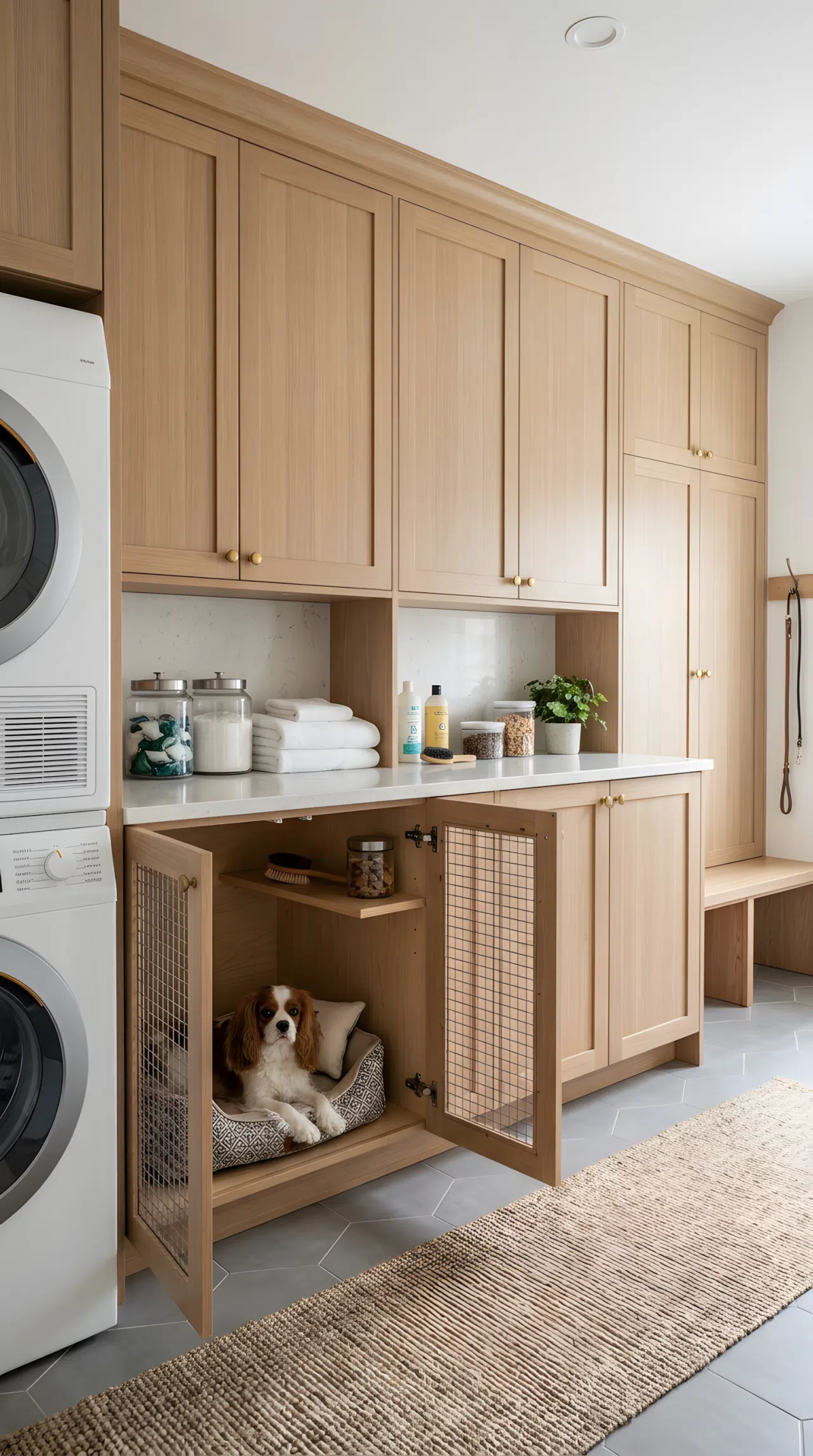 Hidden Combo Behind Matching Cabinet Doors: A realistic photo of a laundry room with matching cabinet doors, one open to reveal a dog wash basin and another open to reveal a kennel with a neatly arranged dog bed, clean modern design, organized space, bright natural light, real-life photography, eye-level angle.
