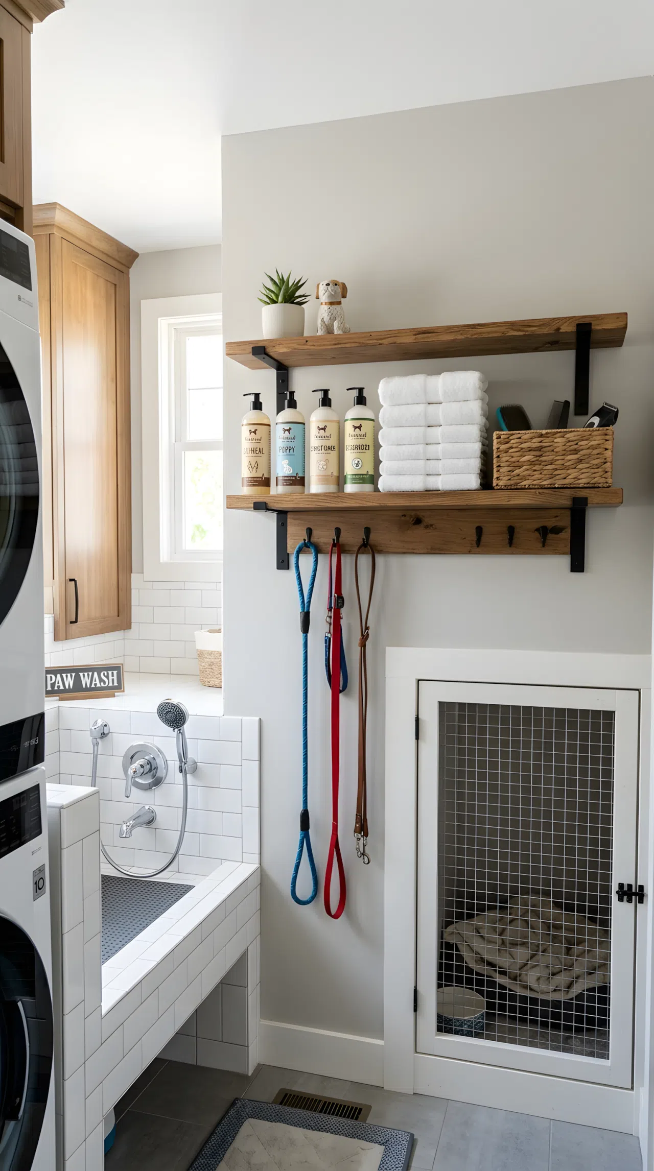 Wall-Mounted Supplies Between Bath and Kennel: A photo of a wall-mounted shelf holding neatly arranged shampoo bottles, towels, and leashes positioned between a dog wash station and a kennel in a laundry room, clean organized space, bright natural light, realistic stock photography, eye-level angle.