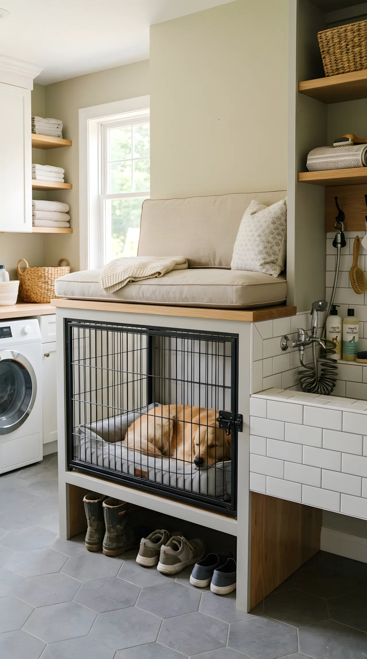 Storage Bench Seat Over the Kennel Beside the Bath: A realistic photo of a cushioned storage bench built on top of a dog kennel positioned right next to a wash station in a laundry room, neatly arranged cushion, clean organized space, shoes tucked underneath, bright natural light, real-life photography, eye-level angle.