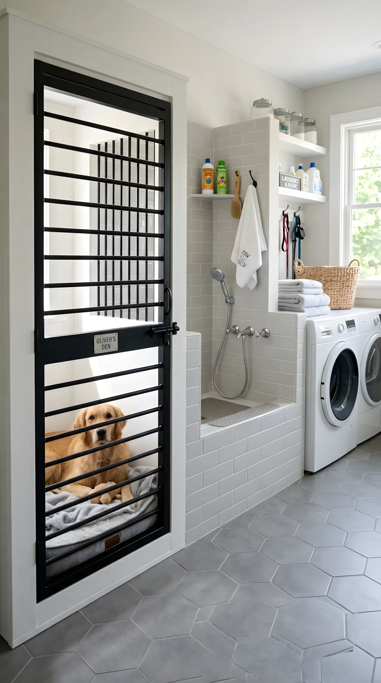 Ventilated Kennel Door Facing the Bath Station: A photo of a kennel with a slatted vented door facing directly toward a dog wash basin in a laundry room, a dog resting calmly inside on a neatly made bed, clean organized space, bright natural light, realistic photography, eye-level angle.