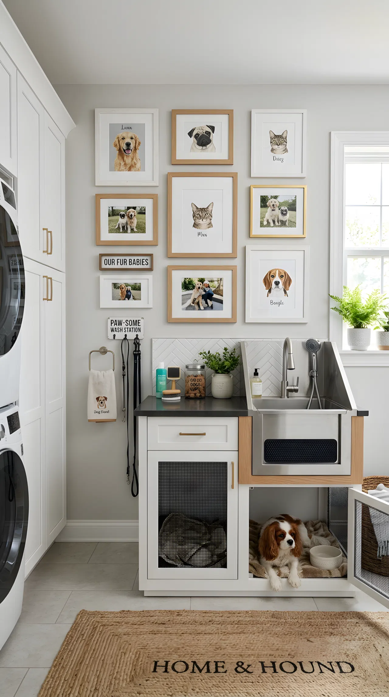 Framed Pet Gallery Wall Above the Combo Station: A realistic photo of a small gallery wall with neatly framed pet photos above a combined dog bath and kennel station in a laundry room, organized and beautifully arranged, clean modern decor, bright natural light, real-life photography, eye-level angle.