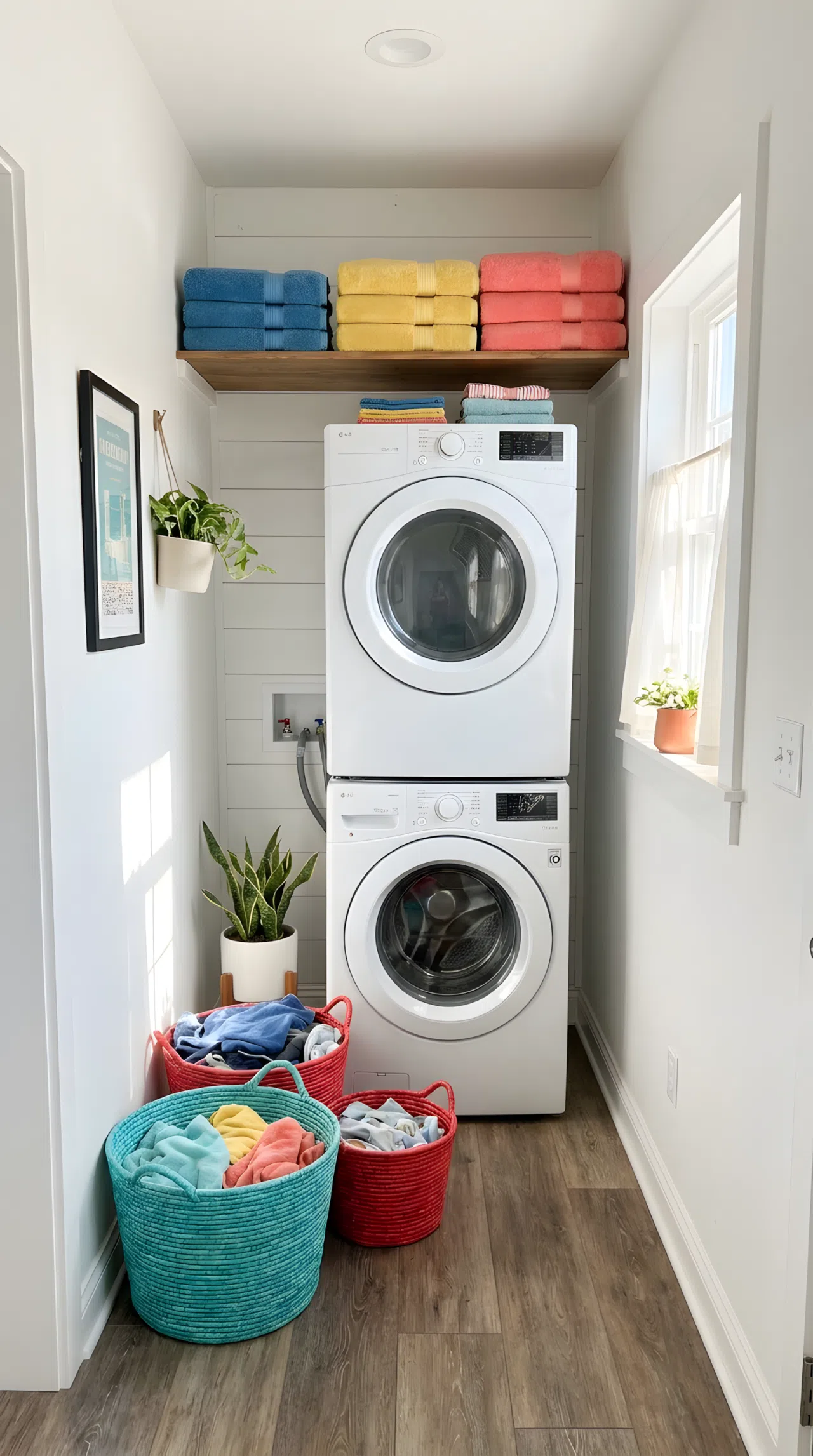 Real-life photo of a narrow laundry room with a stacked washer and dryer unit against a white wall, neatly made shelf above with folded towels, beautifully arranged laundry baskets on the floor, organized and clean space, bright natural light streaming through a small window, vibrant colors, stock photography style