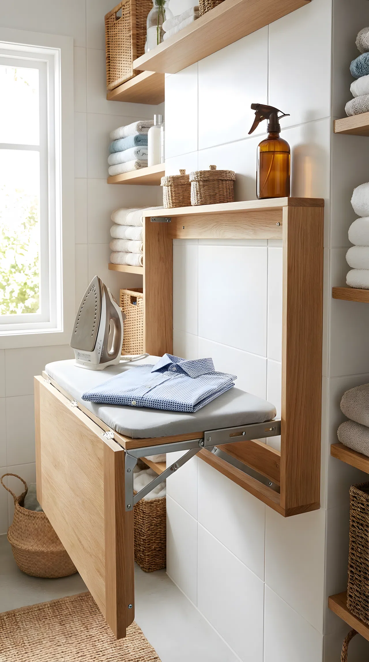 Real-life photo of a fold-down ironing table mounted on a white wall in a narrow laundry room, unfolded and showing its mechanism clearly, neatly made with a folded shirt on top, beautifully arranged iron and spray bottle nearby, organized and clean space, bright natural light, vibrant colors, stock photography style