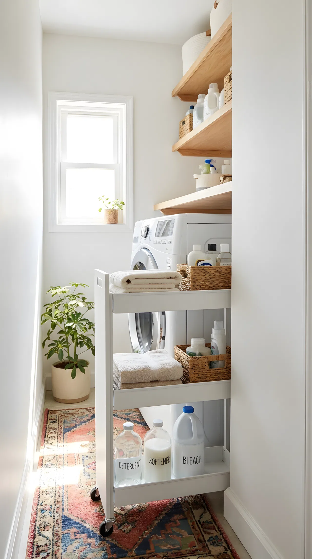 Real-life photo of a slim rolling storage cart tucked beside a washing machine in a narrow laundry room, neatly made with folded towels and organized bottles of detergent, beautifully arranged baskets on each tier, clean and organized space, bright natural light, vibrant colors, stock photography style