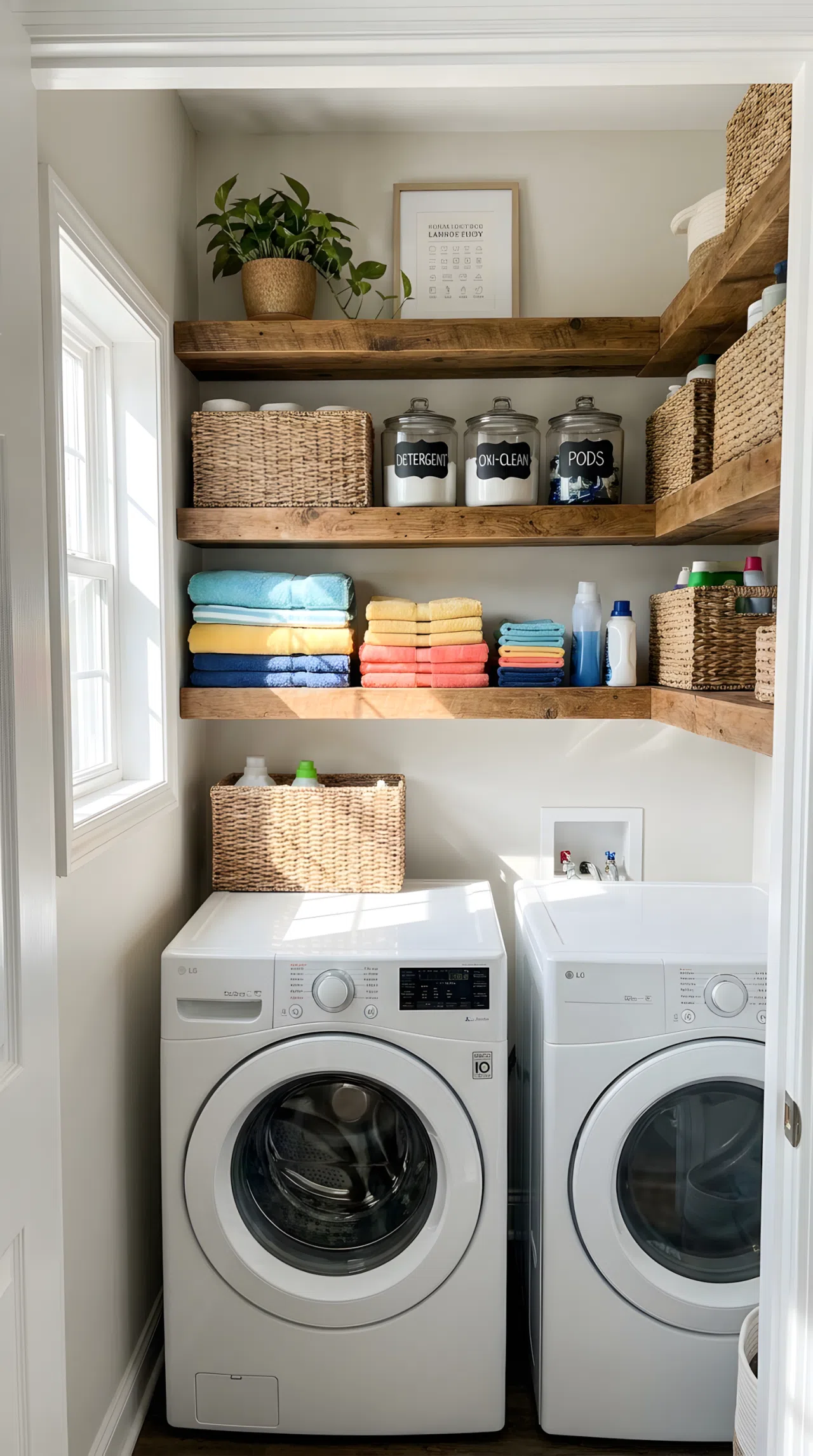 Real-life photo of floating wooden shelves mounted above a washer and dryer in a narrow laundry room, neatly made with folded towels and labeled glass jars, beautifully arranged woven baskets, organized and clean space, bright natural light highlighting the shelves, vibrant colors, stock photography style