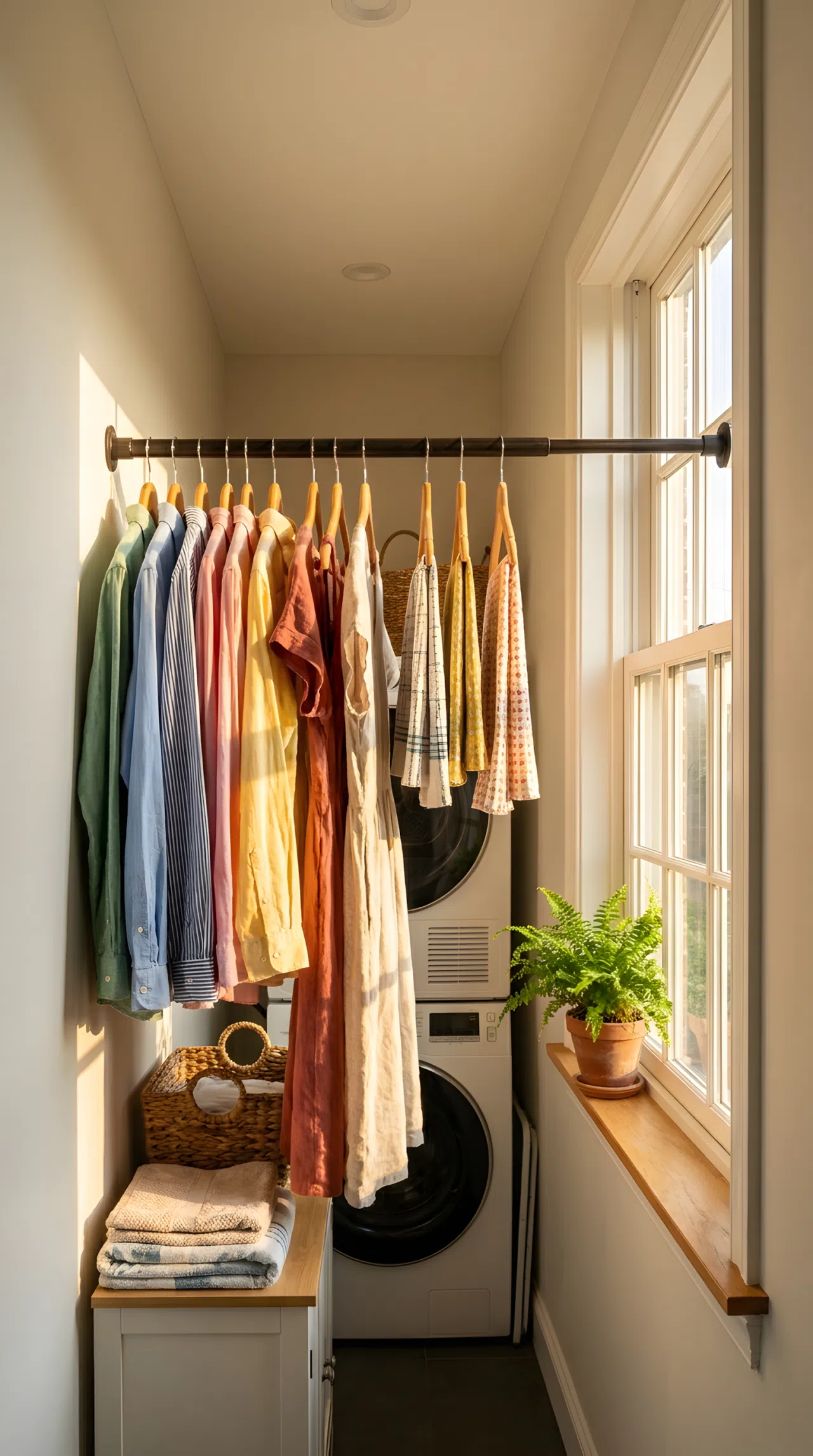 Real-life photo of a narrow laundry room with a tension rod mounted between two walls near a large window, clothes hanging neatly and beautifully arranged, positioned so bright natural sunlight streams directly across the hanging garments creating soft highlights, organized and clean space, vibrant colors, stock photography style