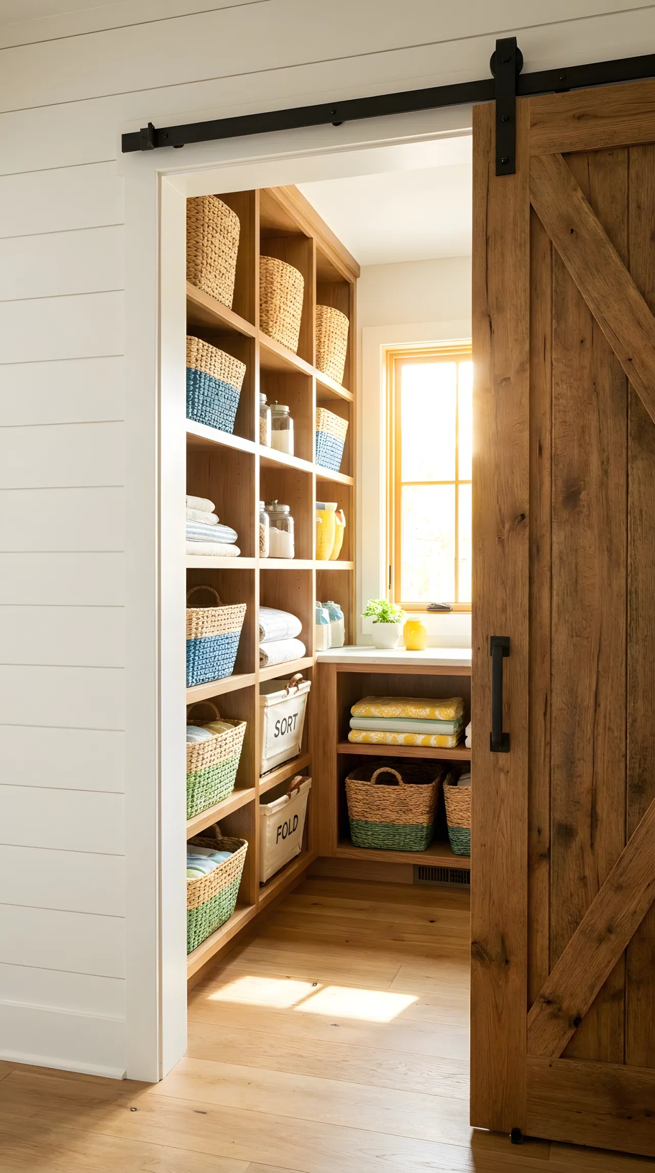 Real-life photo of a narrow laundry room with a wooden sliding barn door open against the wall, neatly made shelving visible inside, beautifully arranged laundry baskets, organized and clean space, bright natural light coming through, vibrant colors, stock photography style