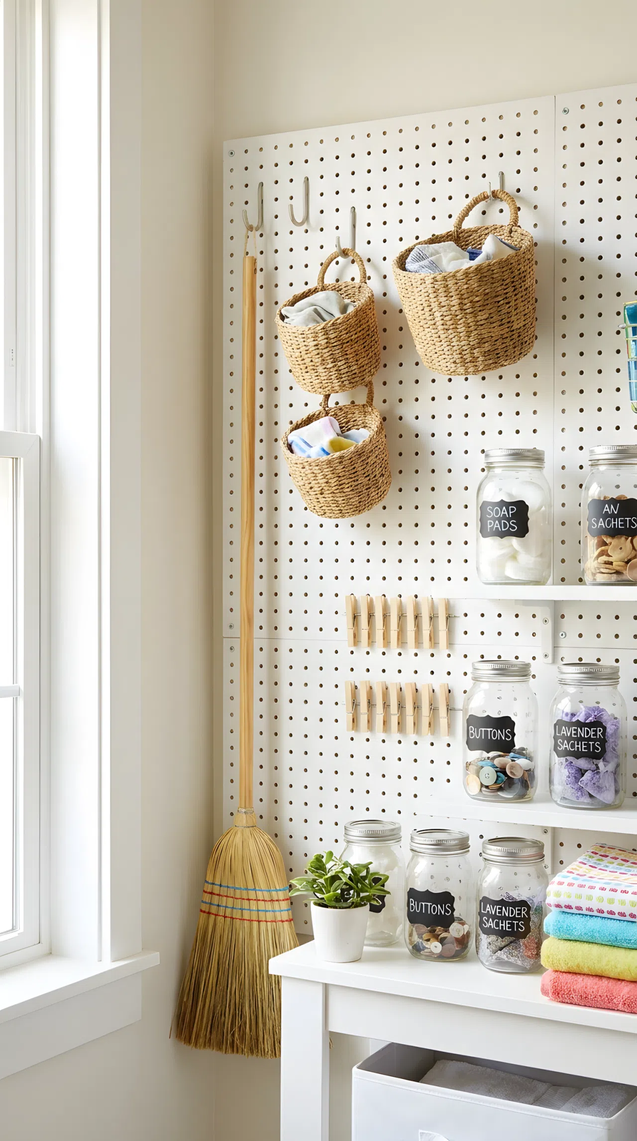 Real-life photo of a white pegboard mounted on a narrow laundry room wall, neatly made with hanging hooks holding a broom and small woven baskets, beautifully arranged clothespins and labeled jars, organized and clean space, bright natural light, vibrant colors, stock photography style